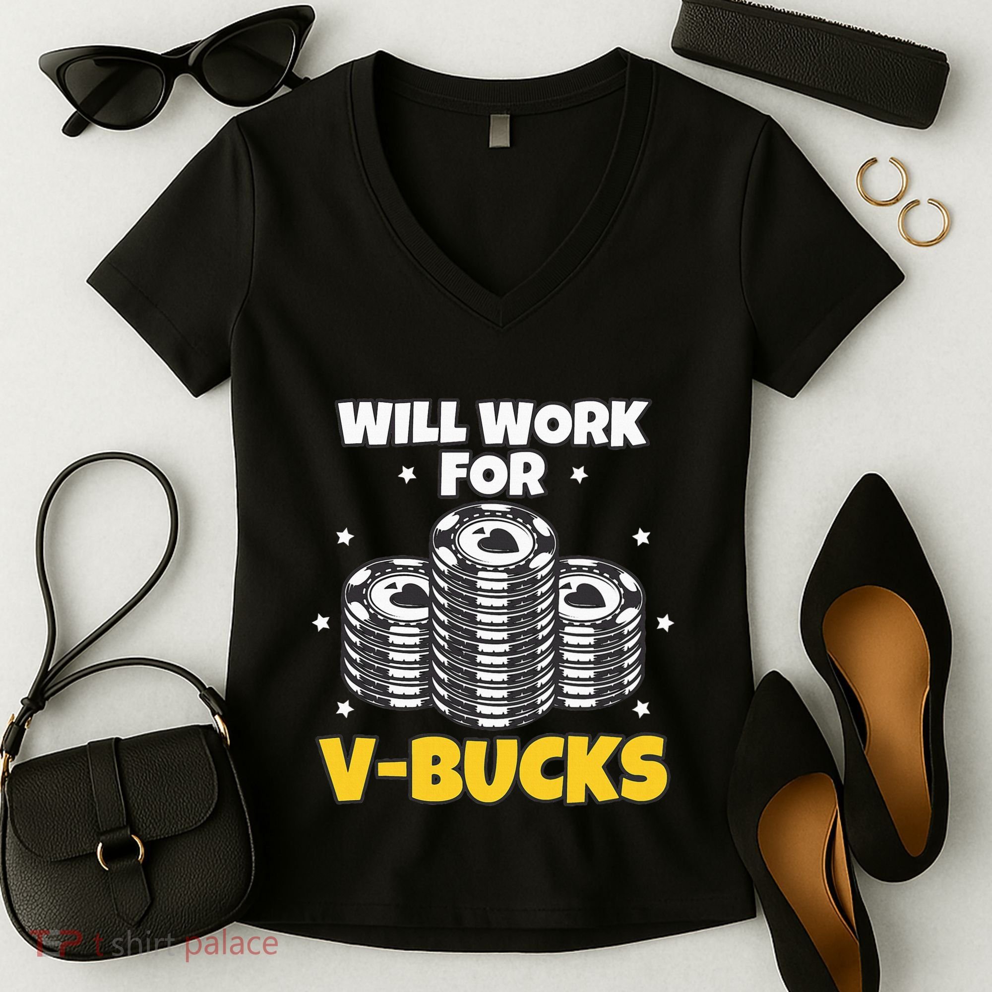 Will Work For Bucks V Gaming Gifts For Rpg Women's V-Neck T-Shirt