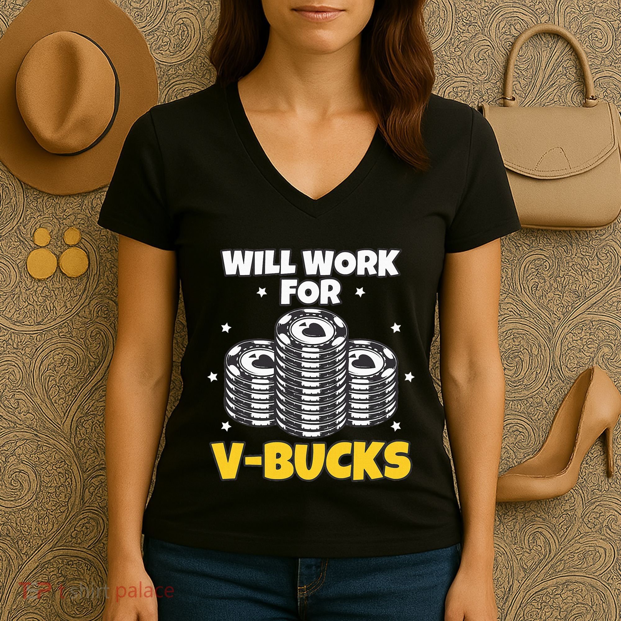 Will Work For Bucks V Gaming Gifts For Rpg Women's V-Neck T-Shirt