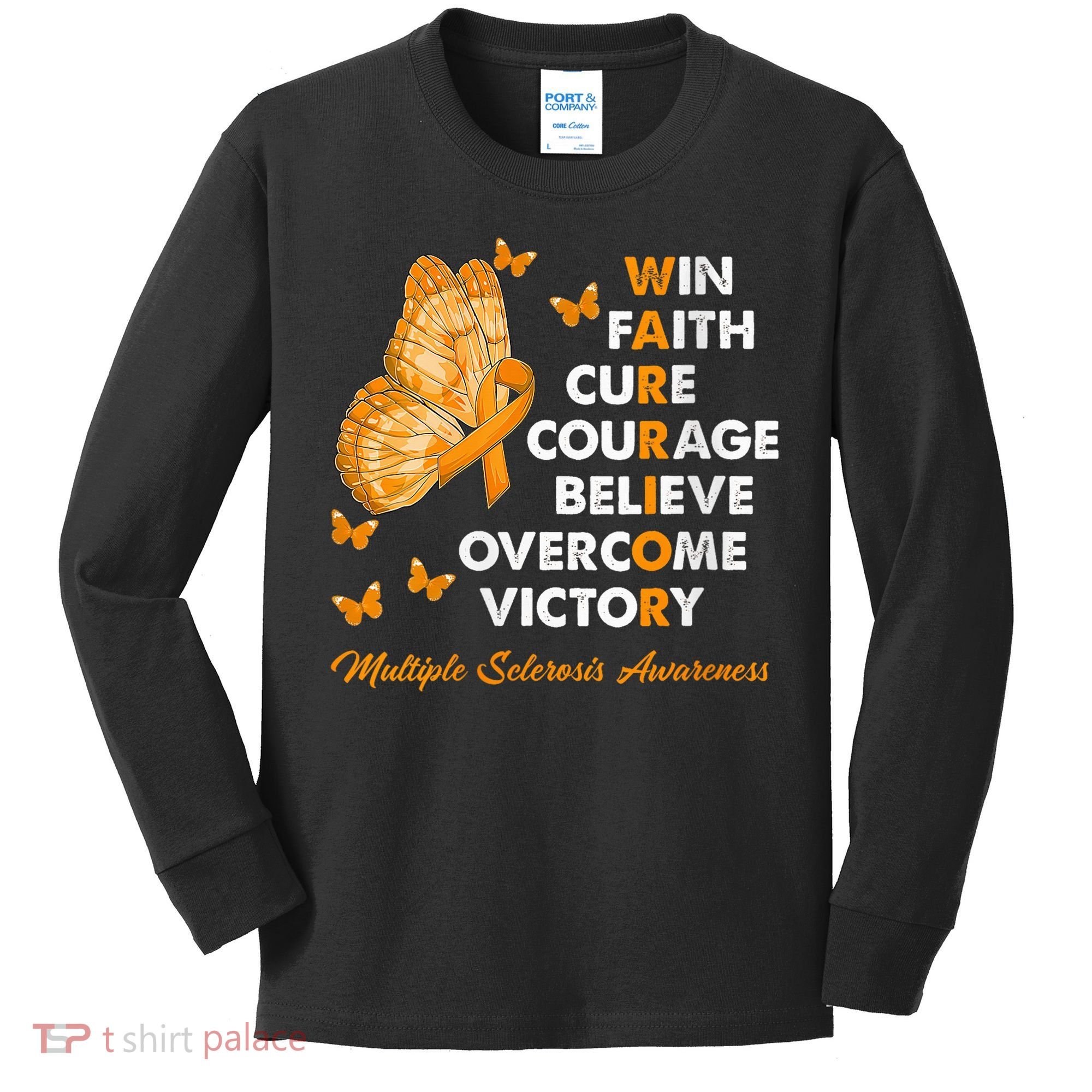 Warrior Win Faith Cure Ribbon Multiple Sclerosis Awareness Kids Long Sleeve Shirt