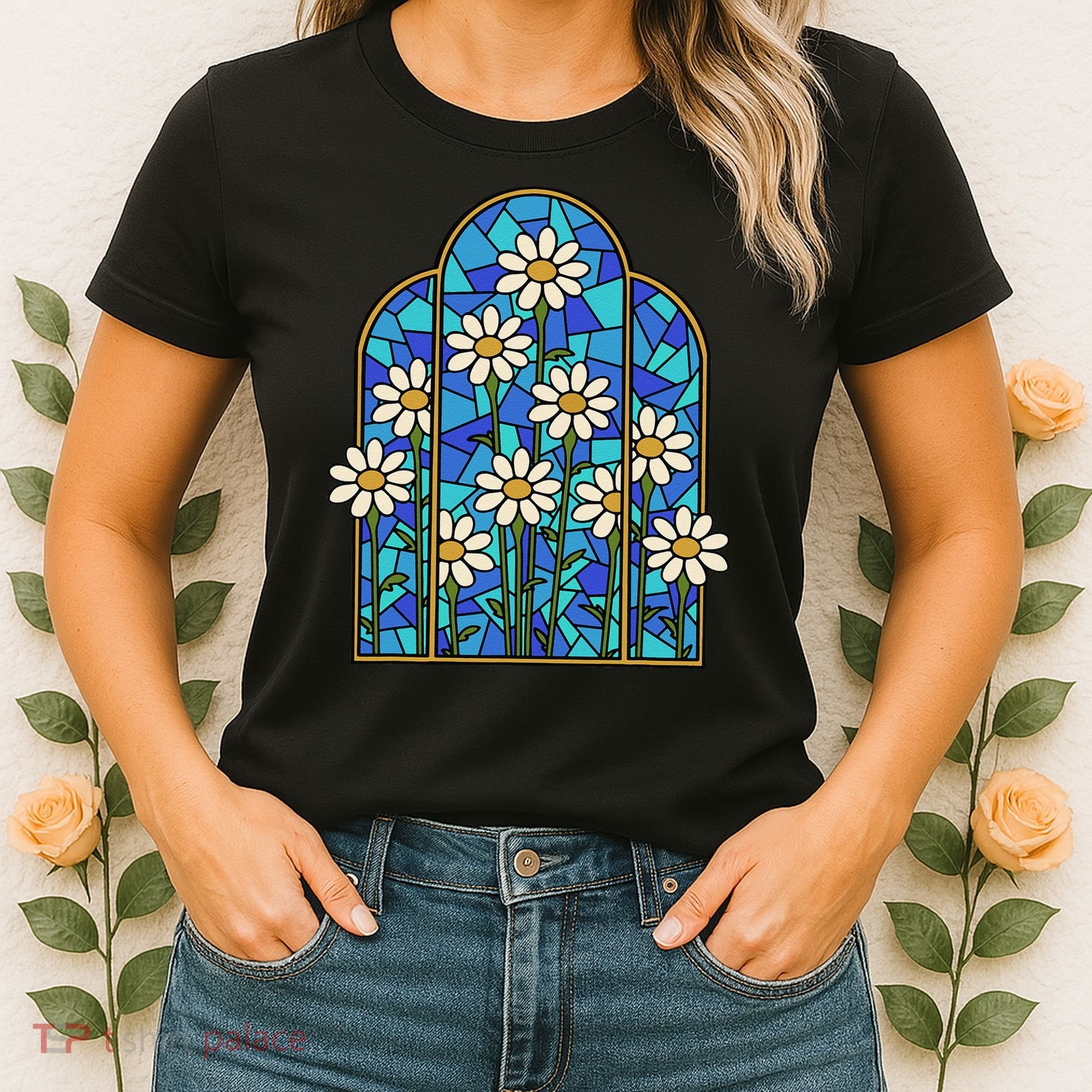 White Wildflower Flower Mosaic Church Window Women's T-Shirt