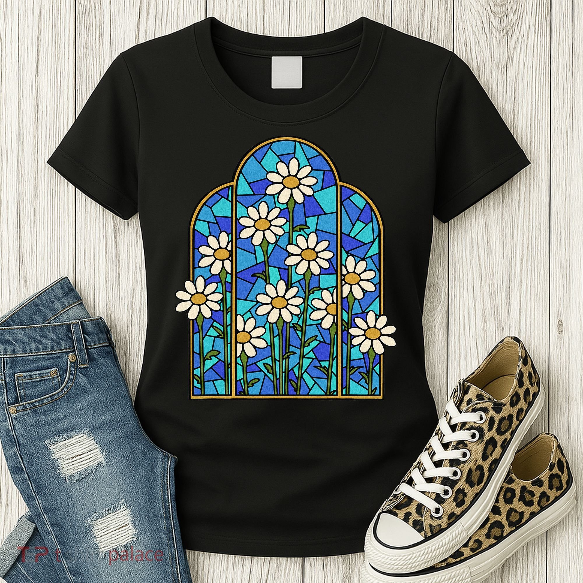 White Wildflower Flower Mosaic Church Window Women's T-Shirt