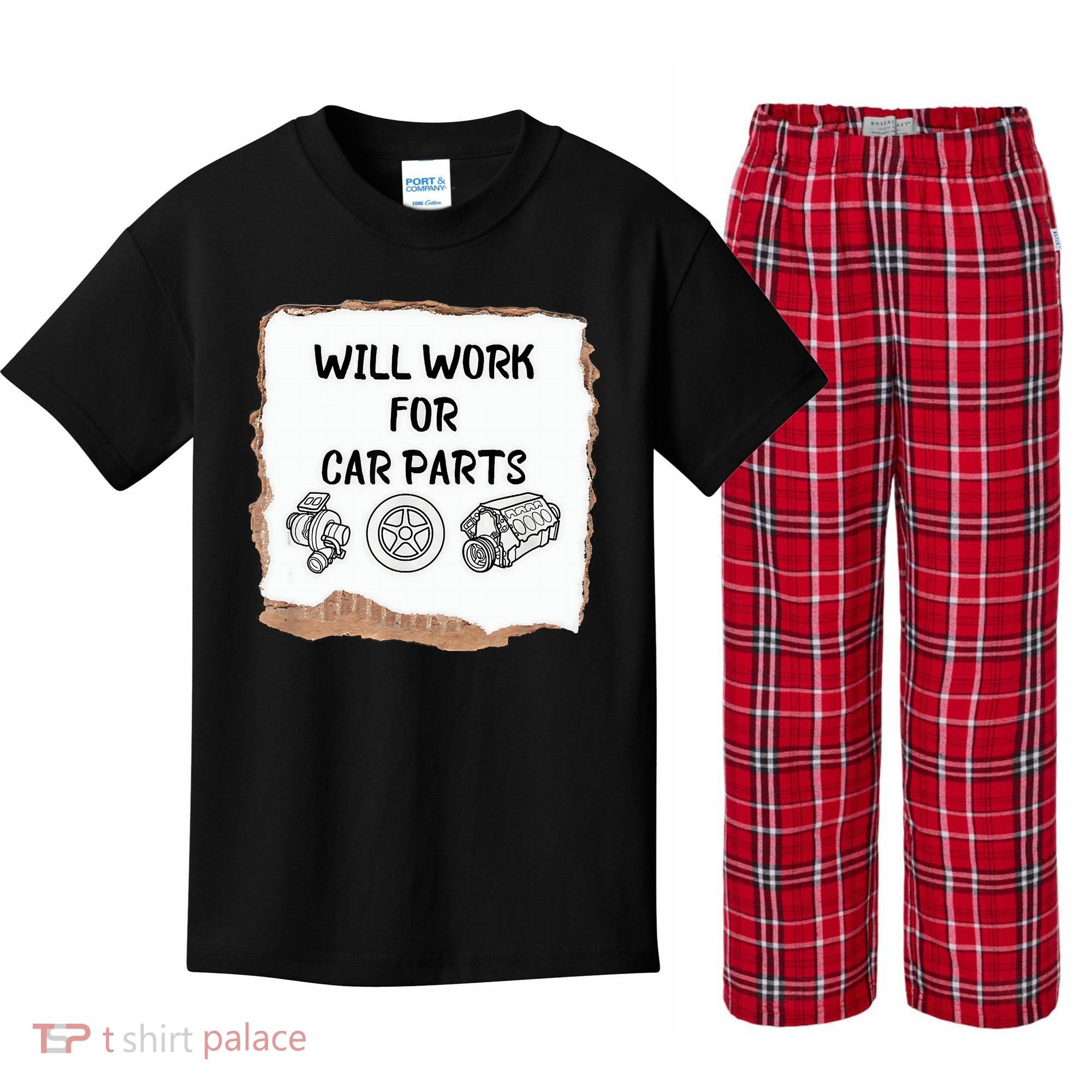Will Work For Car Parts Car Enthusiast Muscle Car Kids Plaid Pajama Set