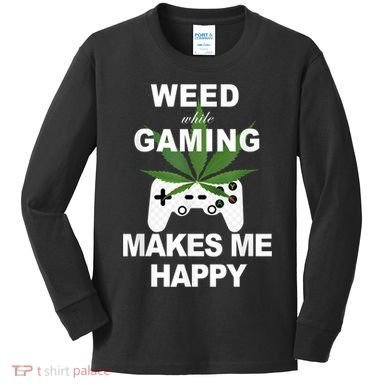 Weed While Gaming Cool Weed Lover Gamer Kids Long Sleeve Shirt