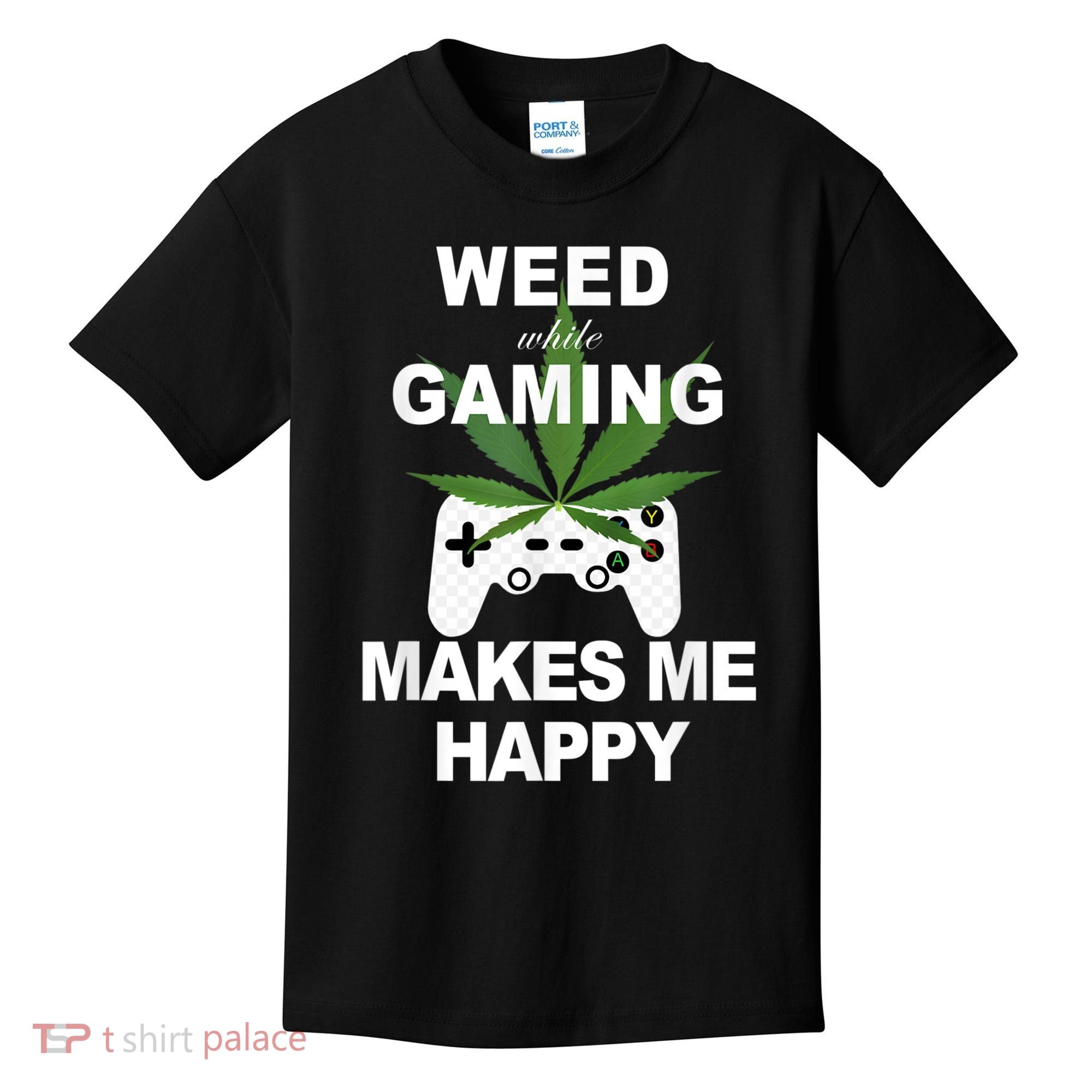 Weed While Gaming Cool Weed Lover Gamer Kids T-Shirt