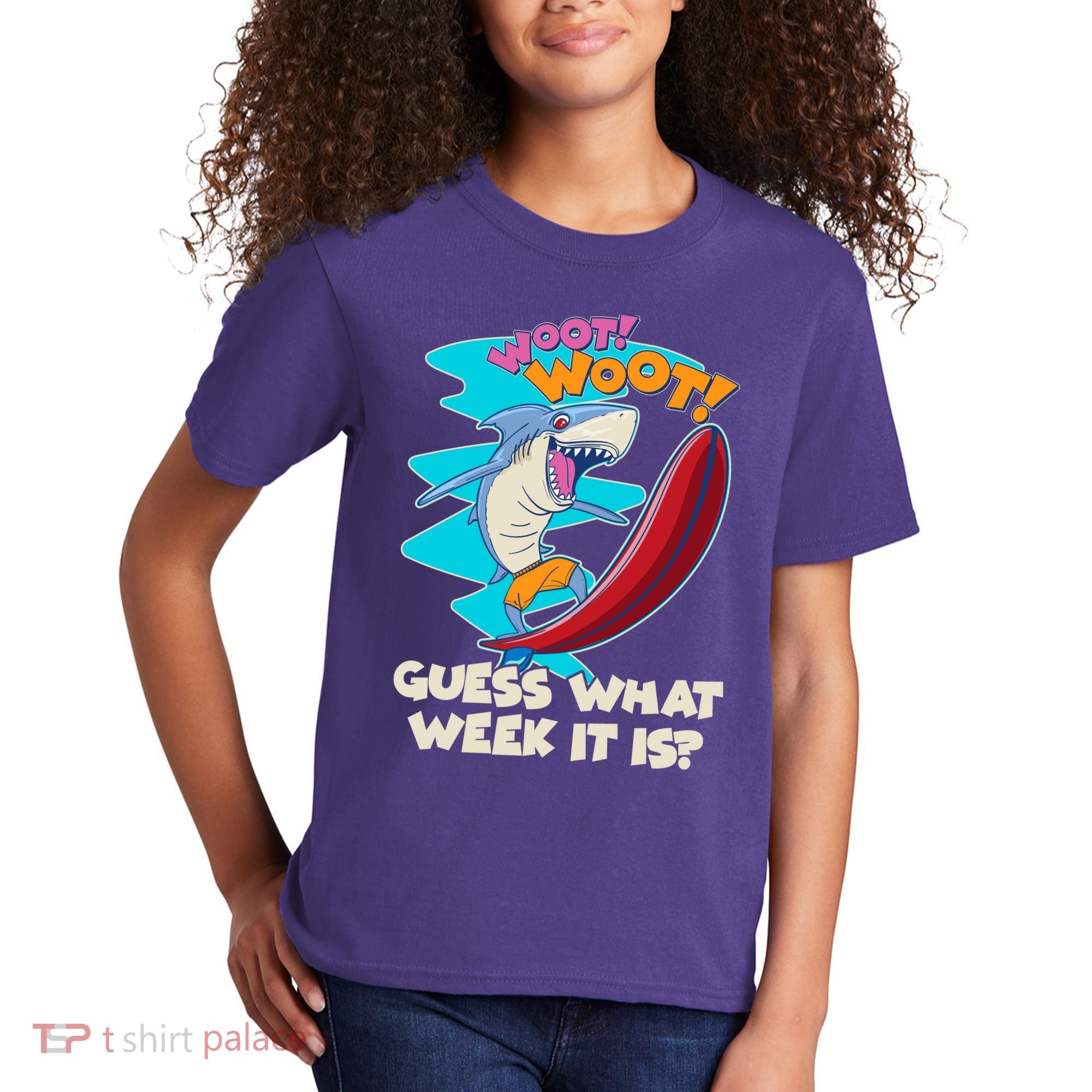 Woot Woot Guess What Week It Is Surfing Shark Kids T-Shirt
