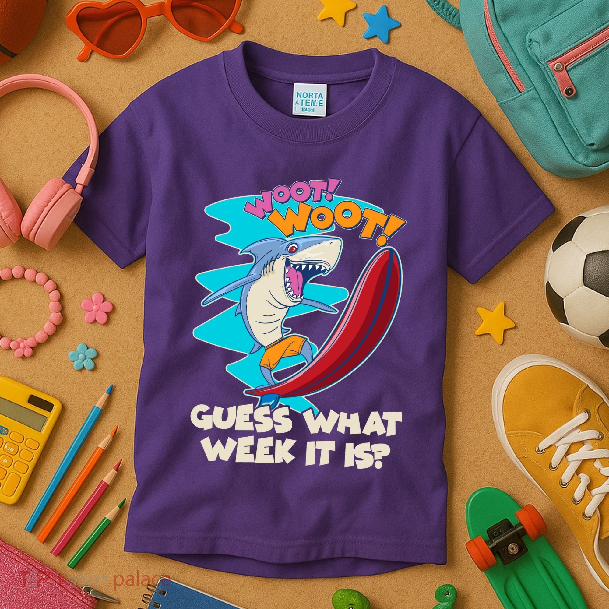 Woot Woot Guess What Week It Is Surfing Shark Kids T-Shirt