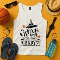 Witch Way Is The Candy Funny Halloween Tank Top thumb 4
