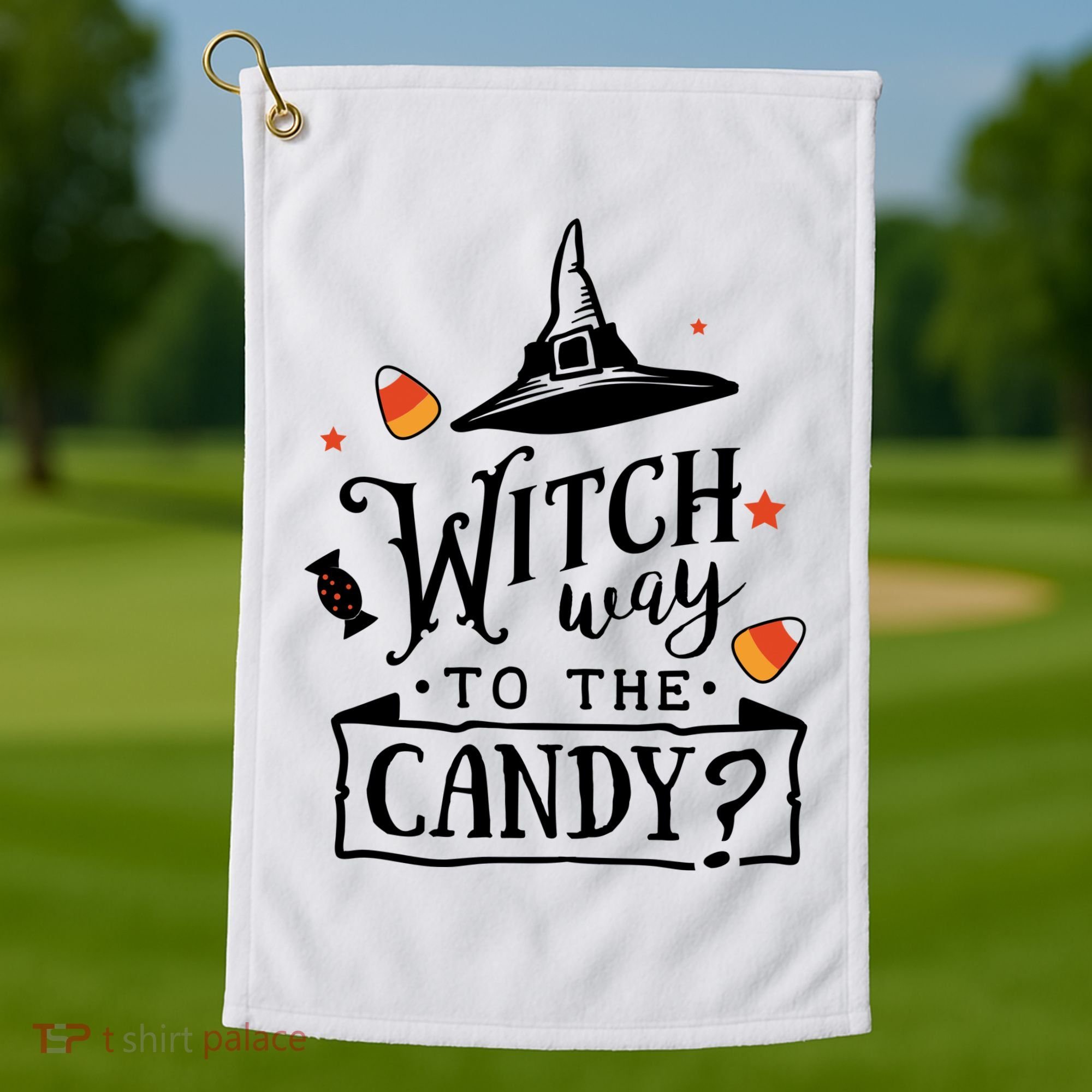 Witch Way Is The Candy Funny Halloween Golf Towel