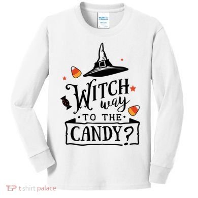 Witch Way Is The Candy Funny Halloween Kids Long Sleeve Shirt