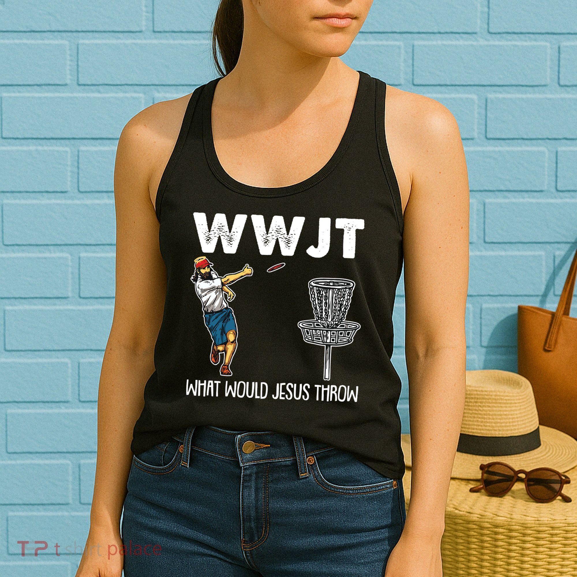 What Would Jesus Throw Christmas WWJT Disc Golf Funny Women's Tank Top