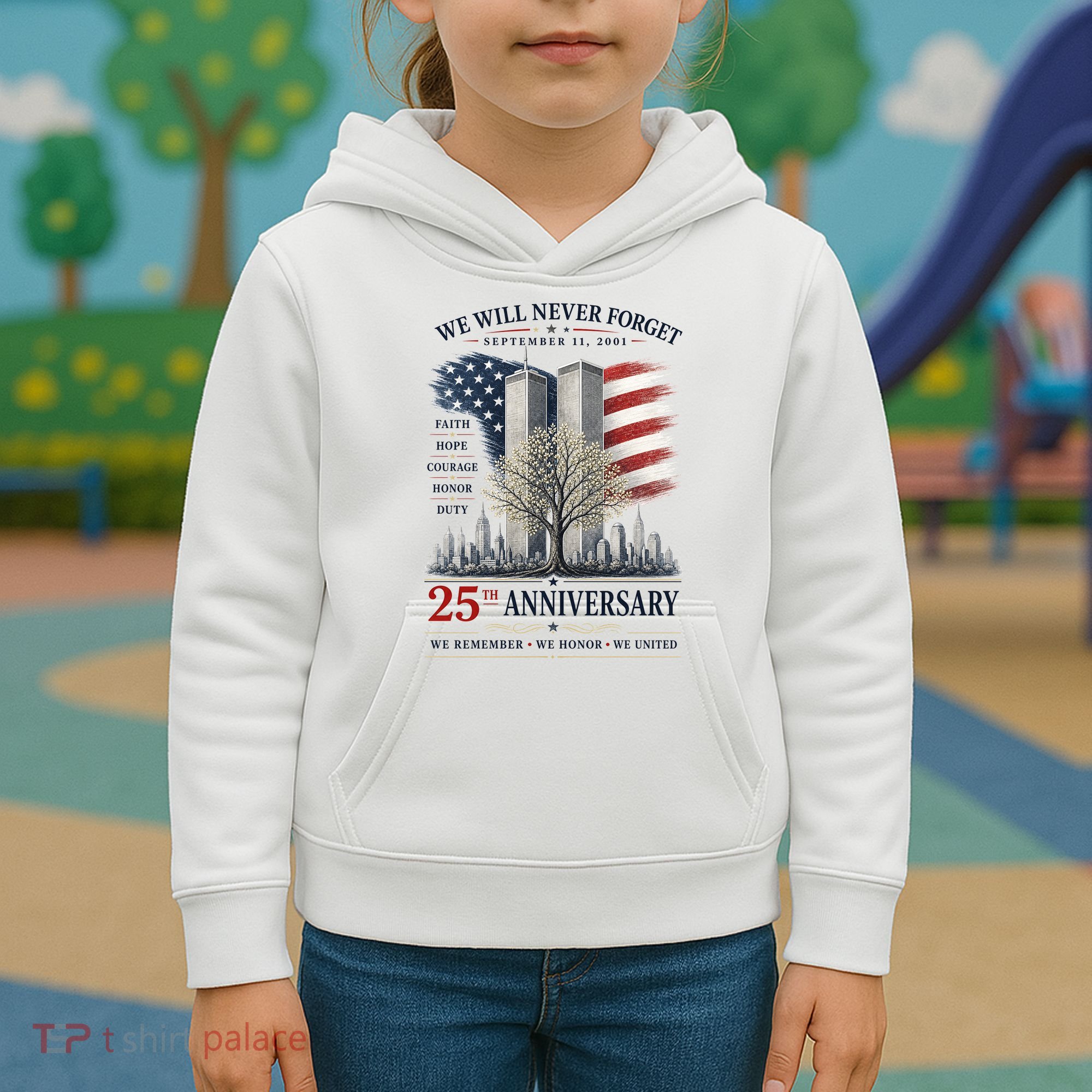 We Will Never Forget September 11 2001 25th Anniversary Tribute Kids Hoodie