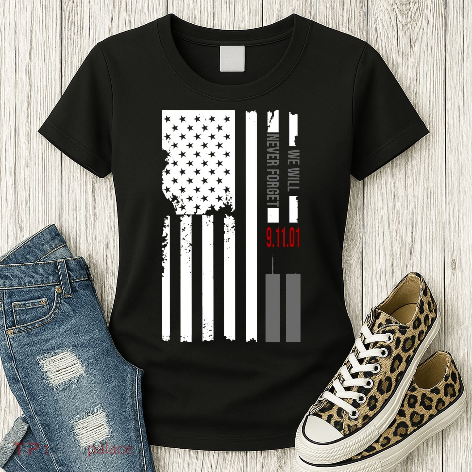 We Will Never Forget 9.11.01 USA Flag Women's T-Shirt