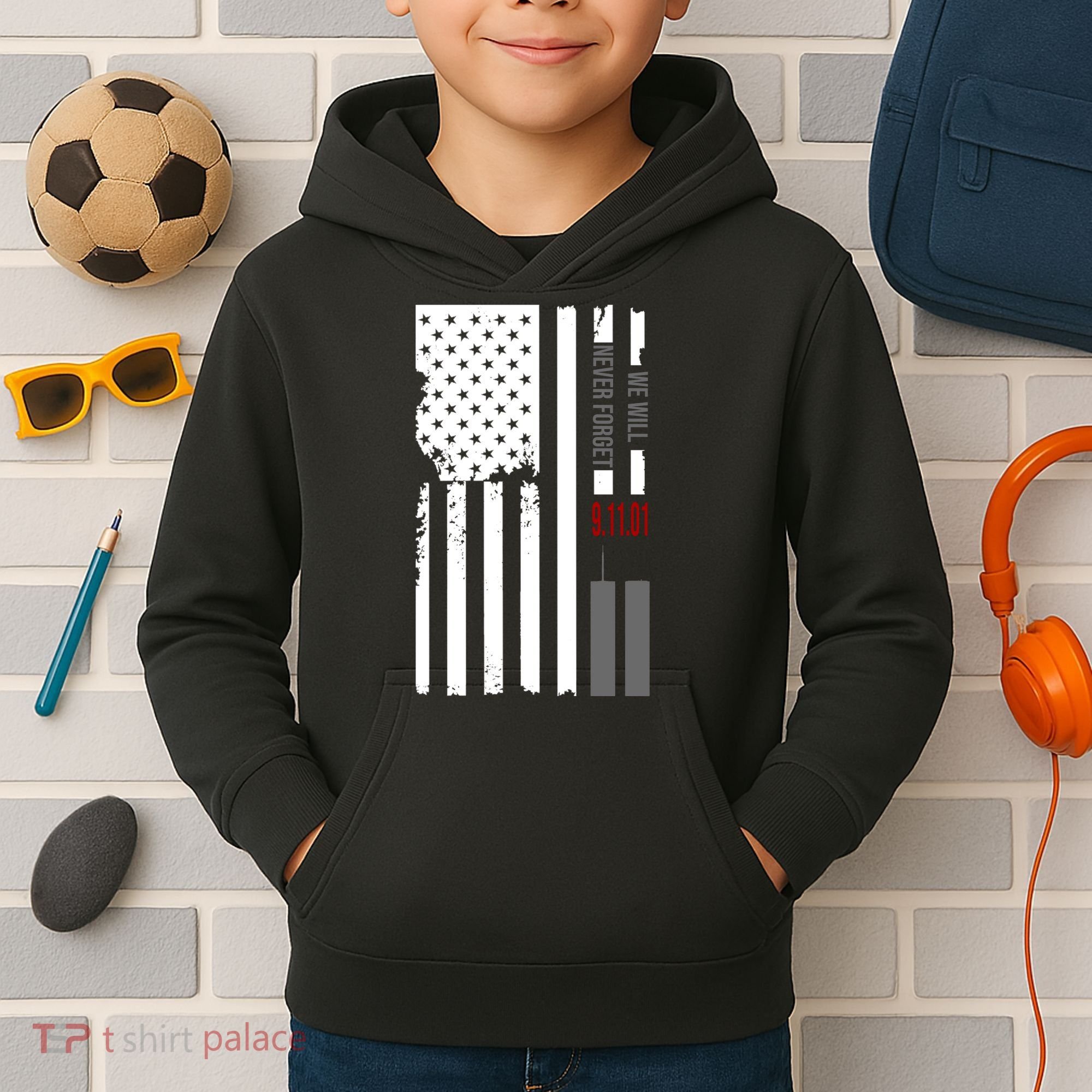 We Will Never Forget 9.11.01 USA Flag Kids Hoodie