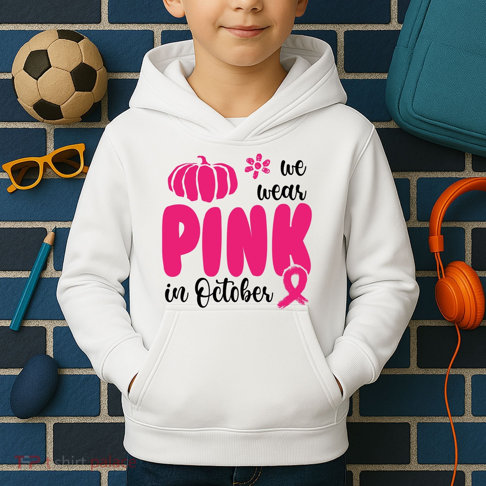 We Wear Pink In October Pumpkin Ribbon Kids Hoodie