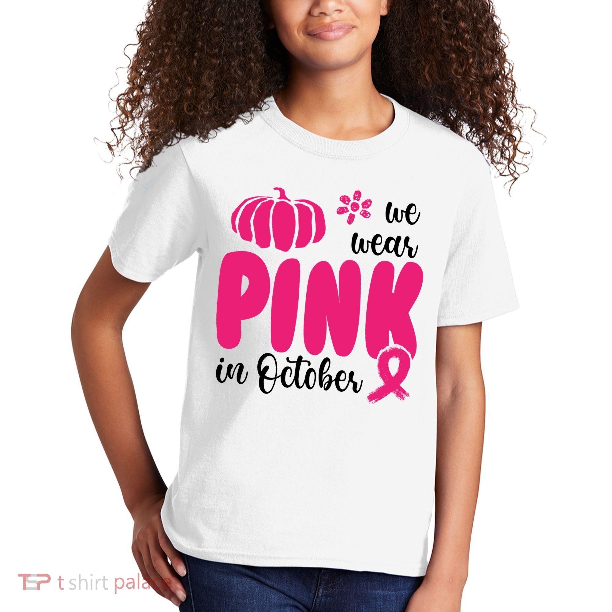 We Wear Pink In October Pumpkin Ribbon Kids T-Shirt