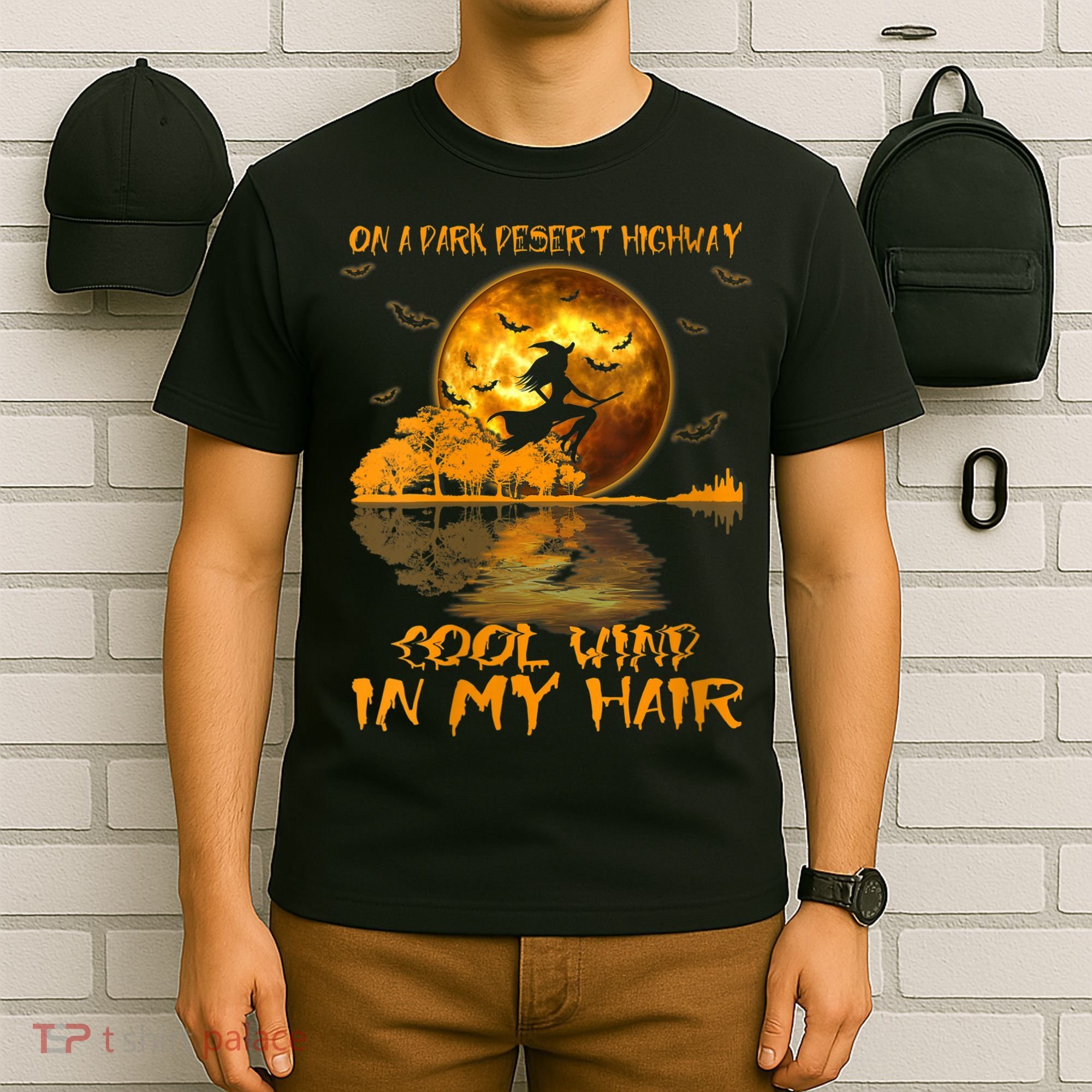 Women Witch Riding Brooms On A Dark Desert Highways Halloween T-Shirt