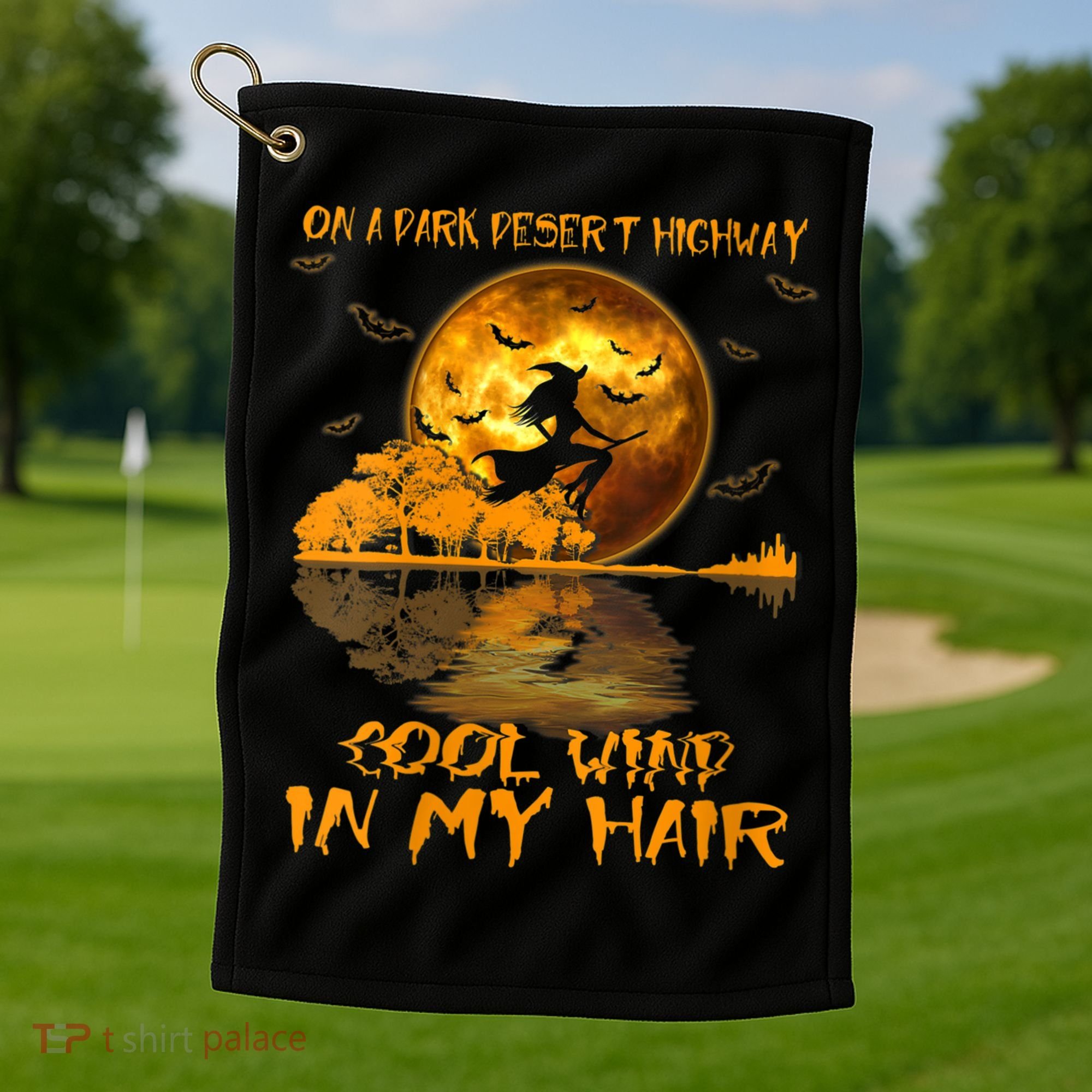 Women Witch Riding Brooms On A Dark Desert Highways Halloween Golf Towel