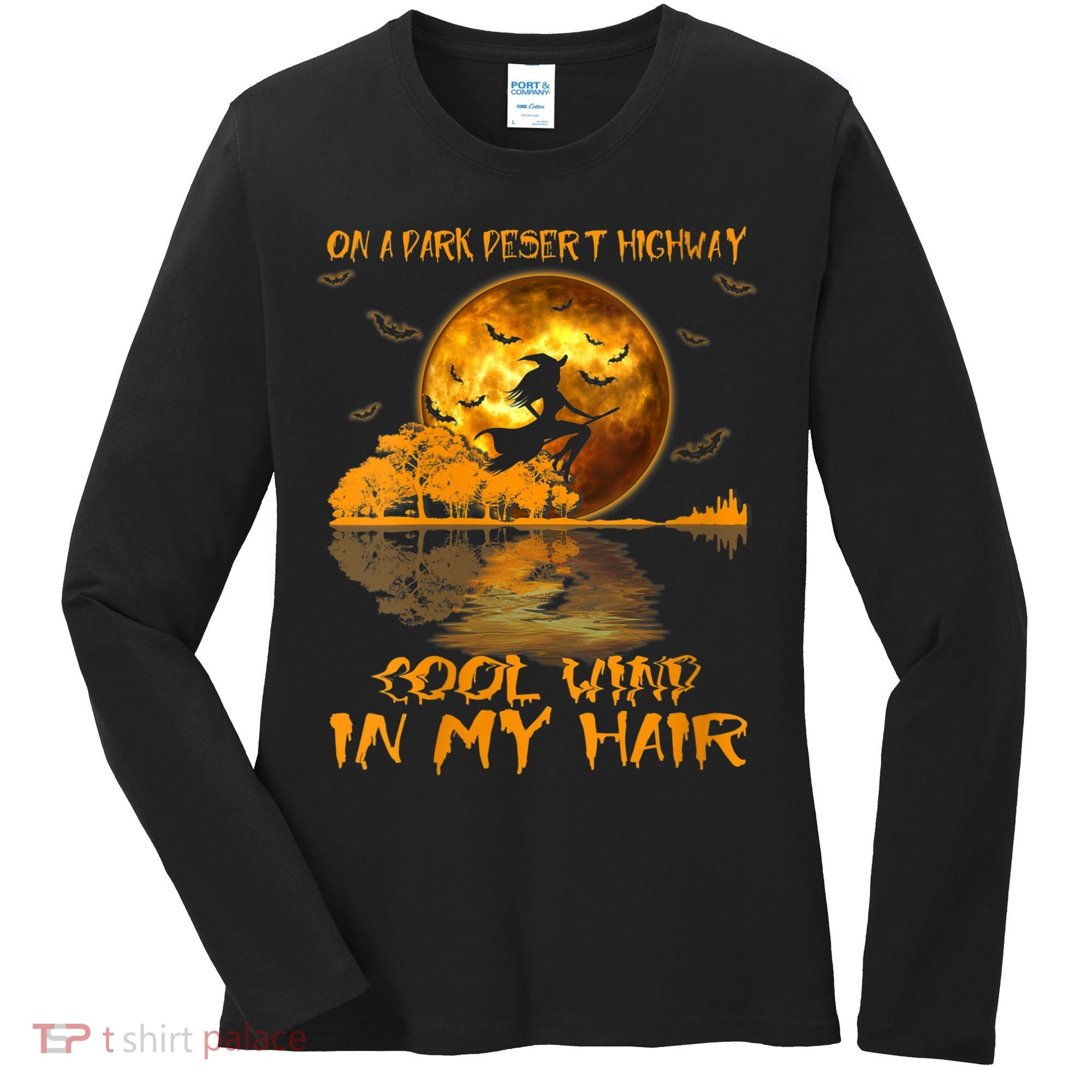 Women Witch Riding Brooms On A Dark Desert Highways Halloween Women's Long Sleeve Shirt
