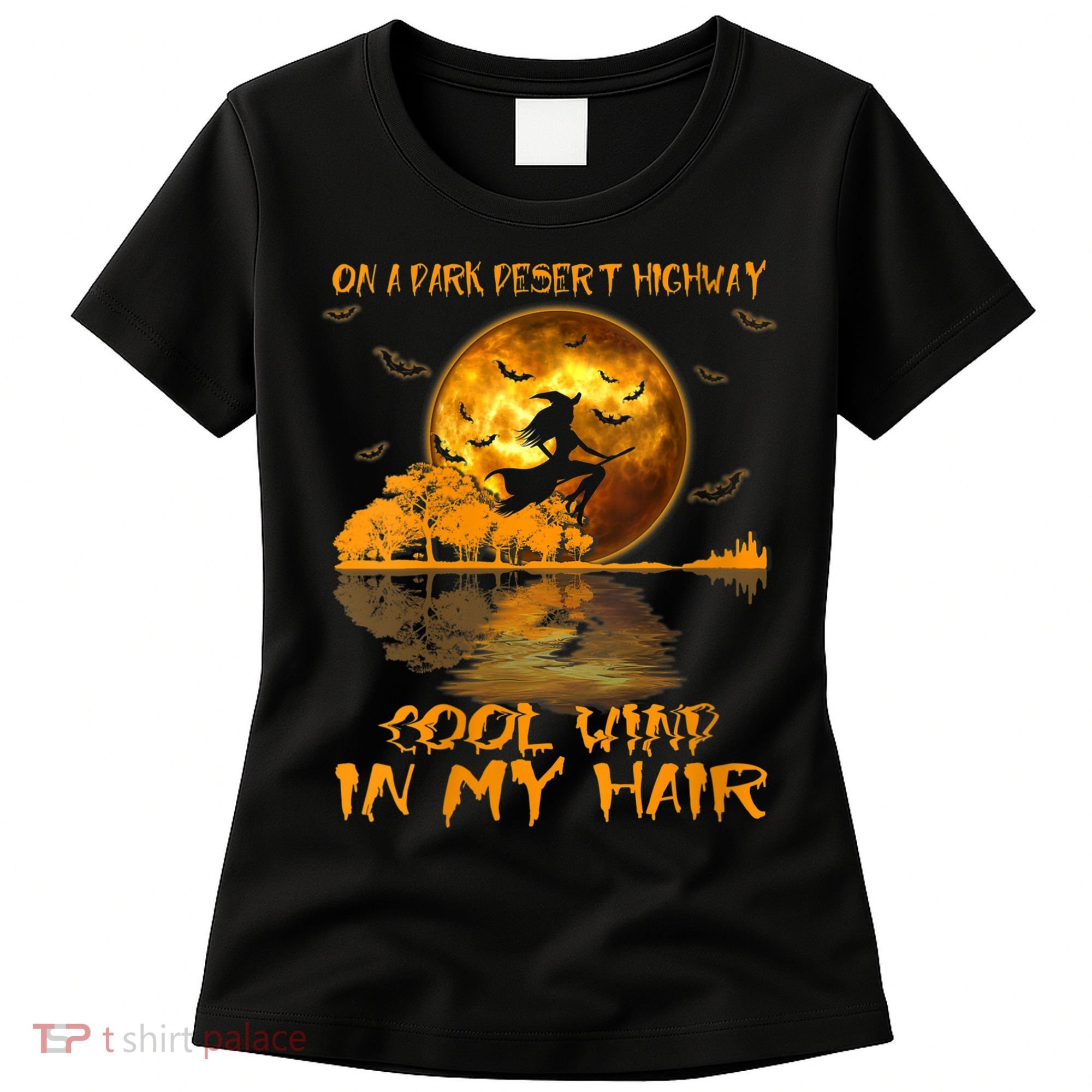 Women Witch Riding Brooms On A Dark Desert Highways Halloween Women's T-Shirt