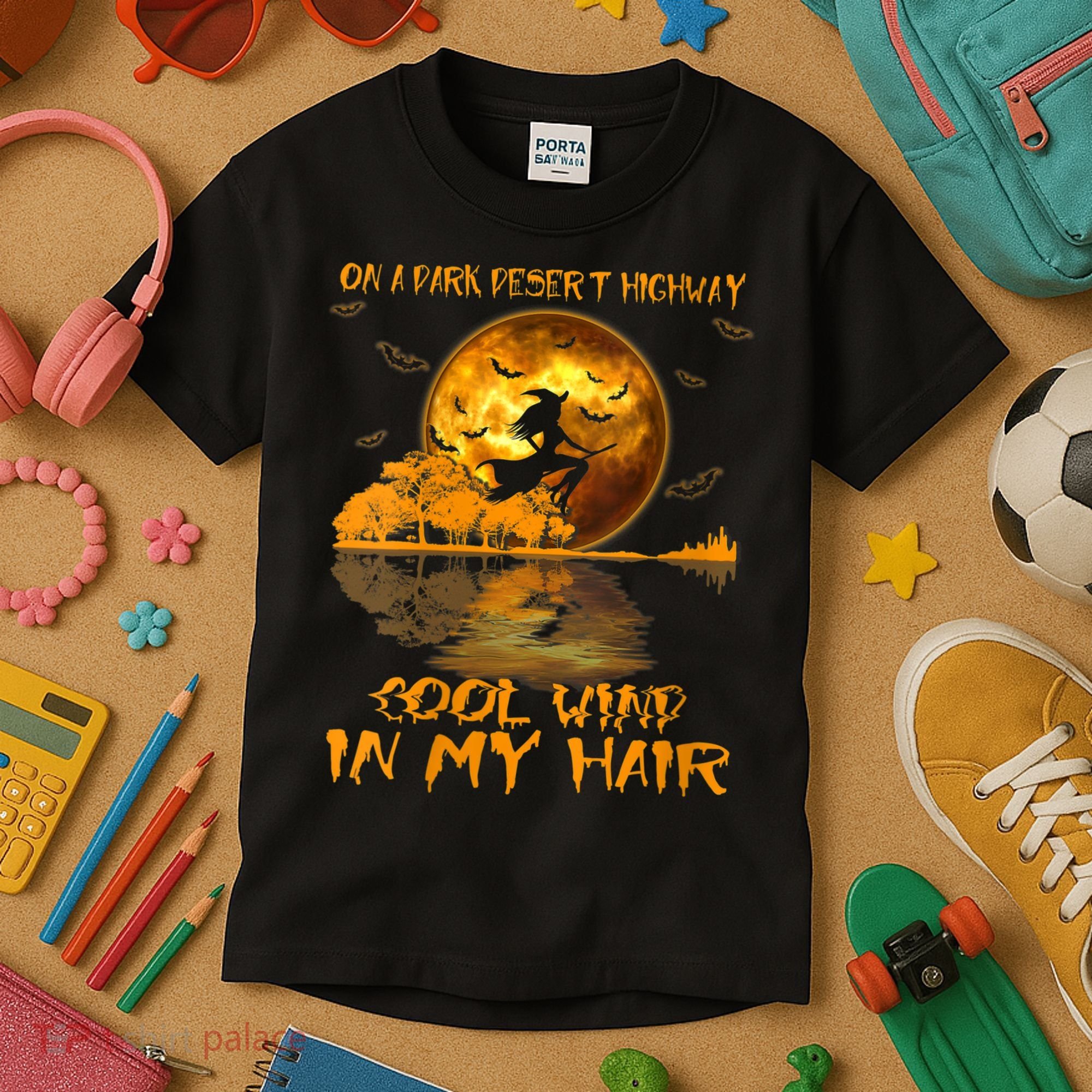 Women Witch Riding Brooms On A Dark Desert Highways Halloween Kids T-Shirt