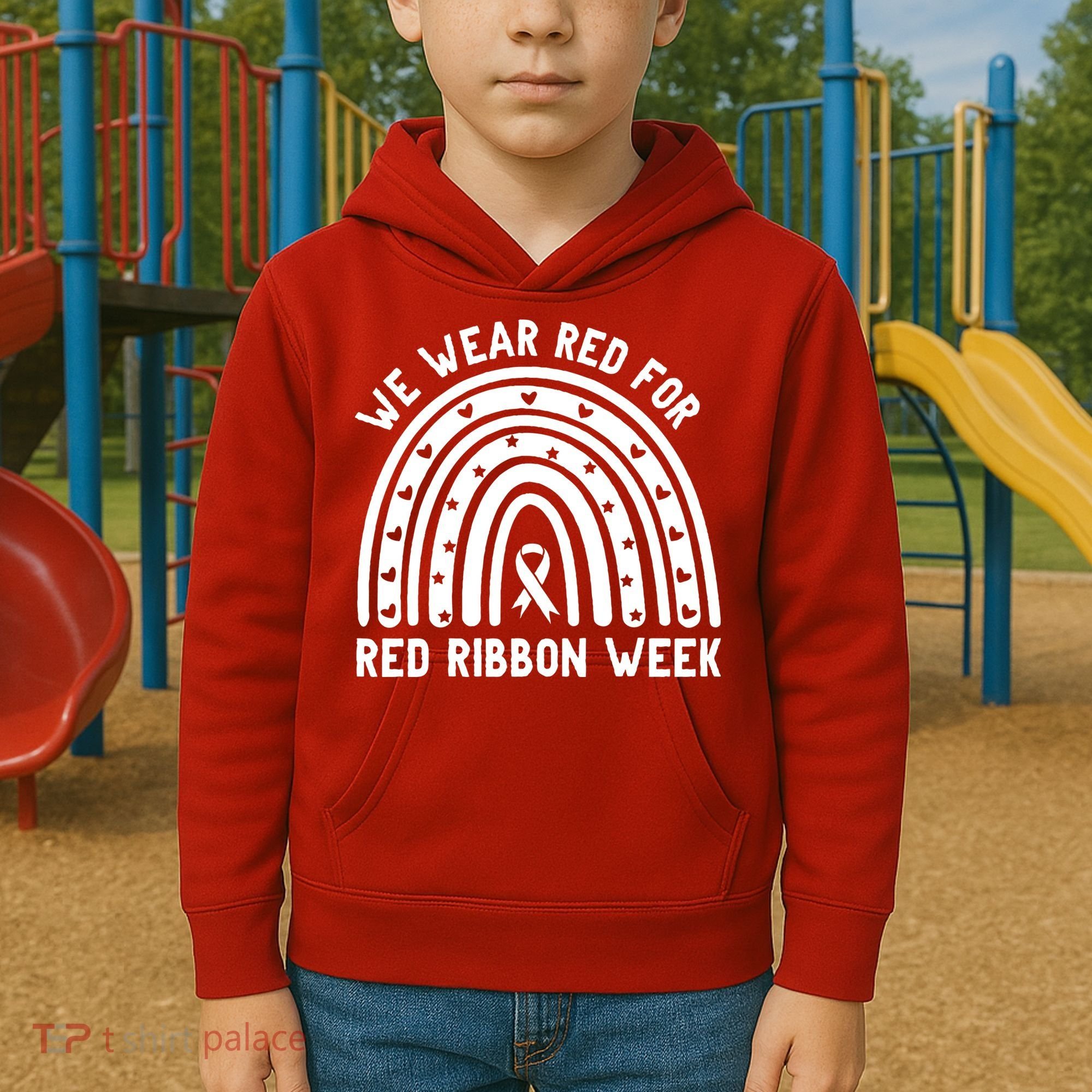 We Wear Red For Red Ribbon Week Awareness Rainbow Kids Hoodie