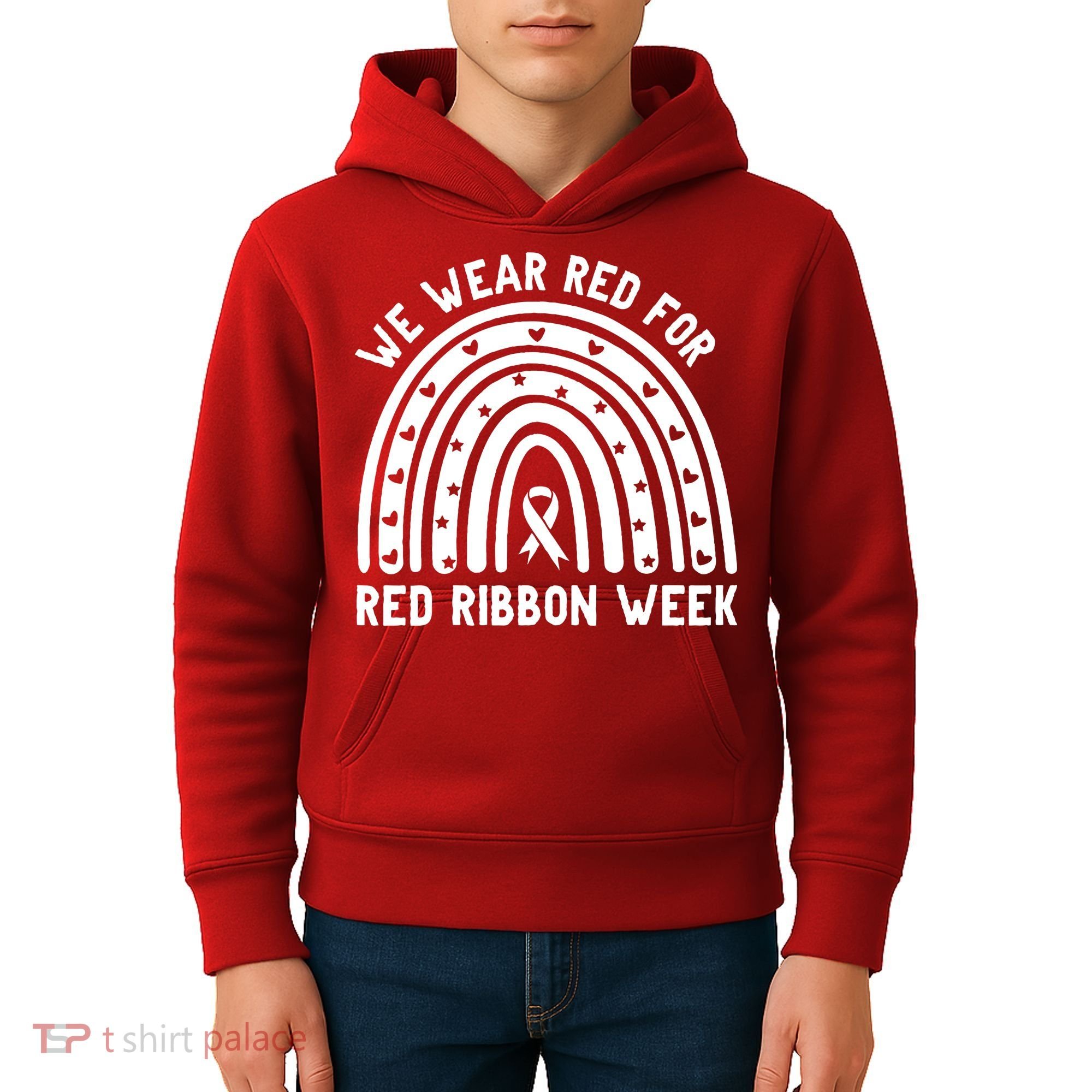 We Wear Red For Red Ribbon Week Awareness Rainbow Kids Hoodie