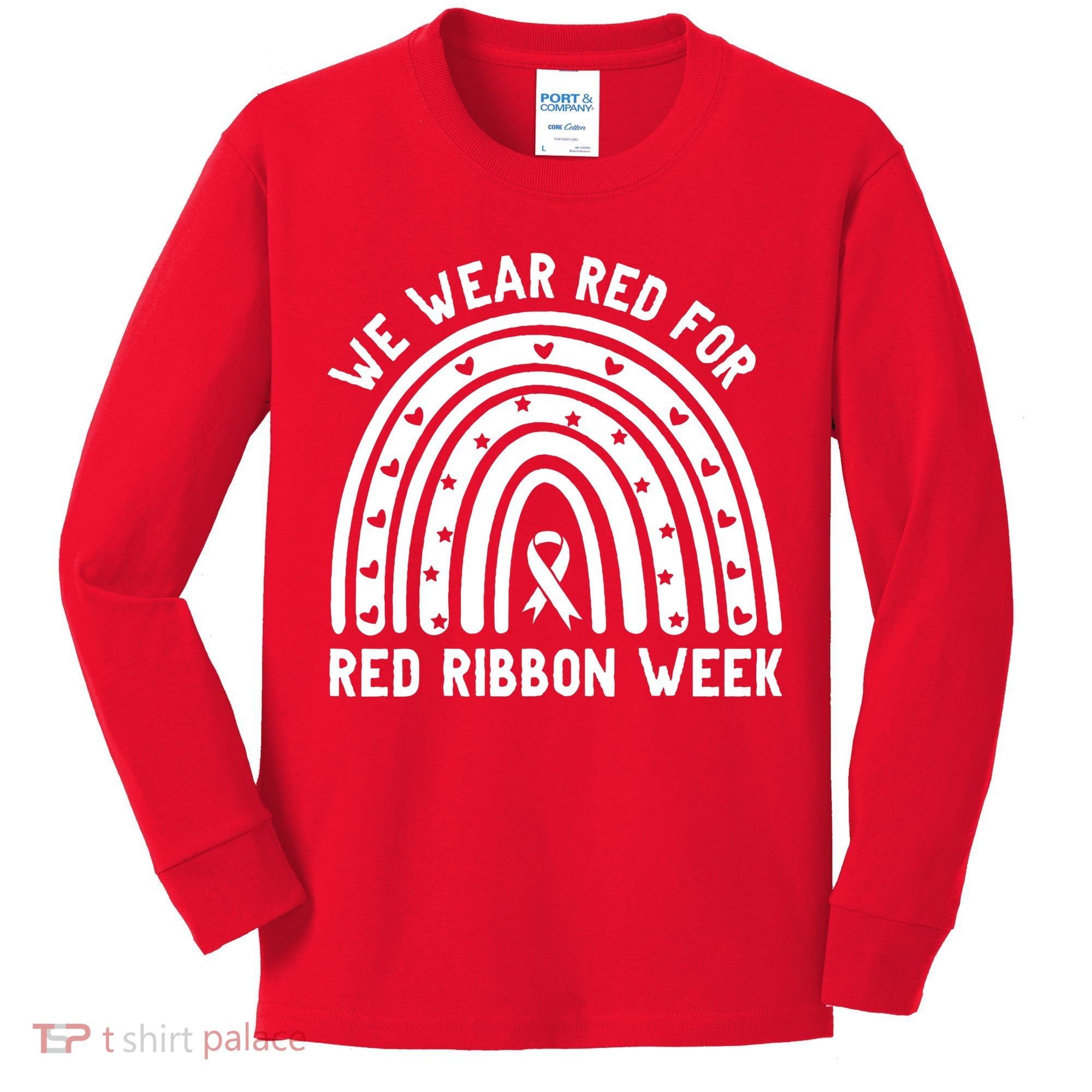 We Wear Red For Red Ribbon Week Awareness Rainbow Kids Long Sleeve Shirt