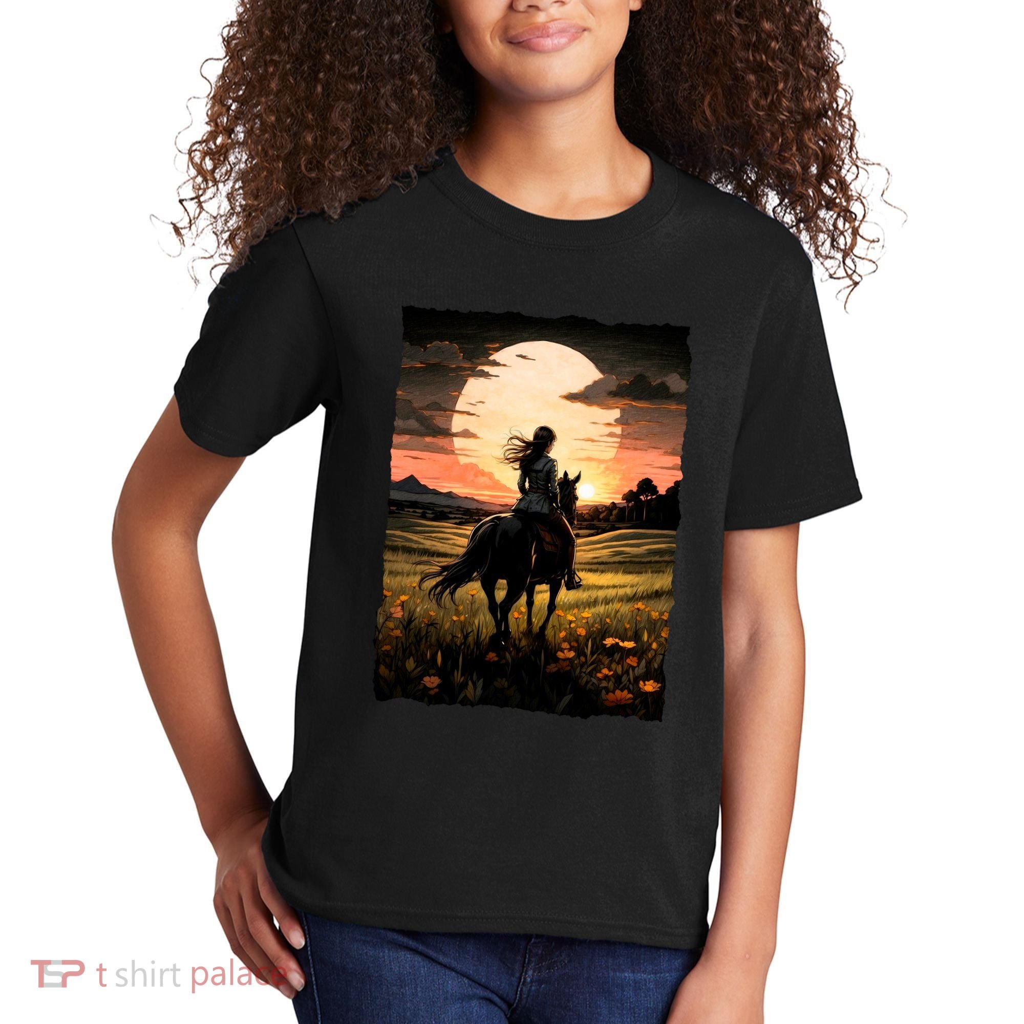 Wild West Sunset Rider Girl Kids T-Shirt