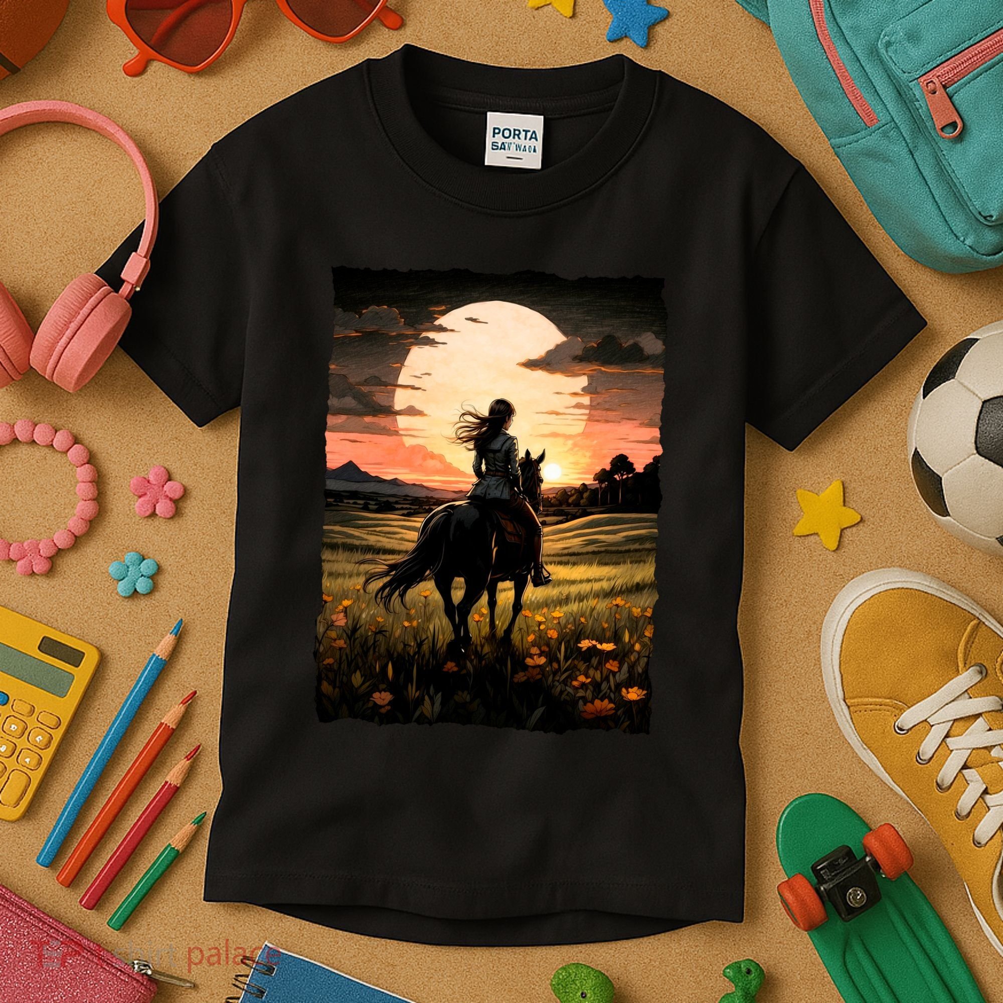 Wild West Sunset Rider Girl Kids T-Shirt
