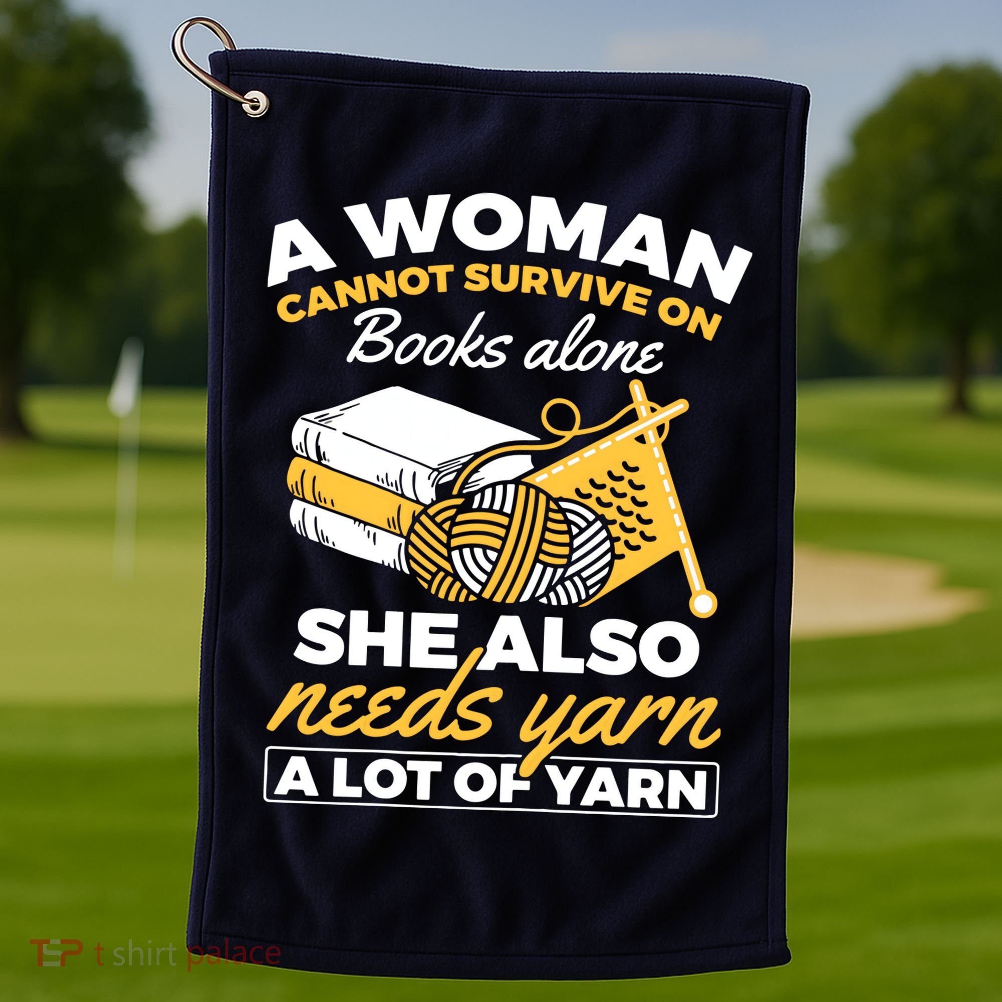 Womens Woman Survives On Books Yarn Knitting Crochet Golf Towel