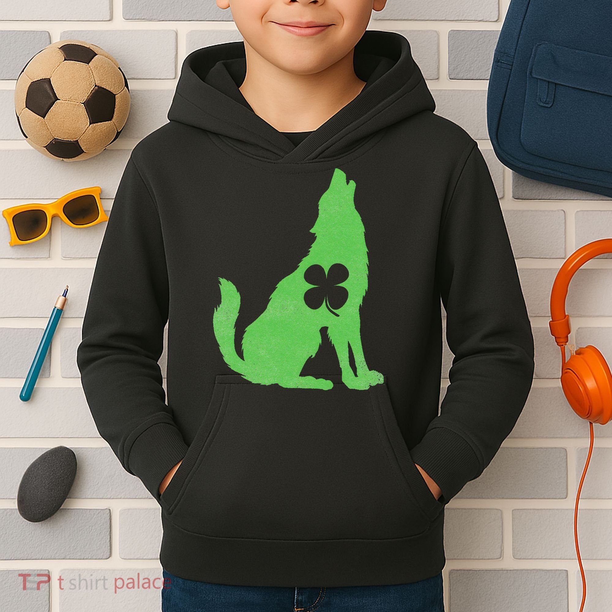 Wolf Wolves St. Patrick's Day Irish Shamrock Saint Paddy's Kids Hoodie