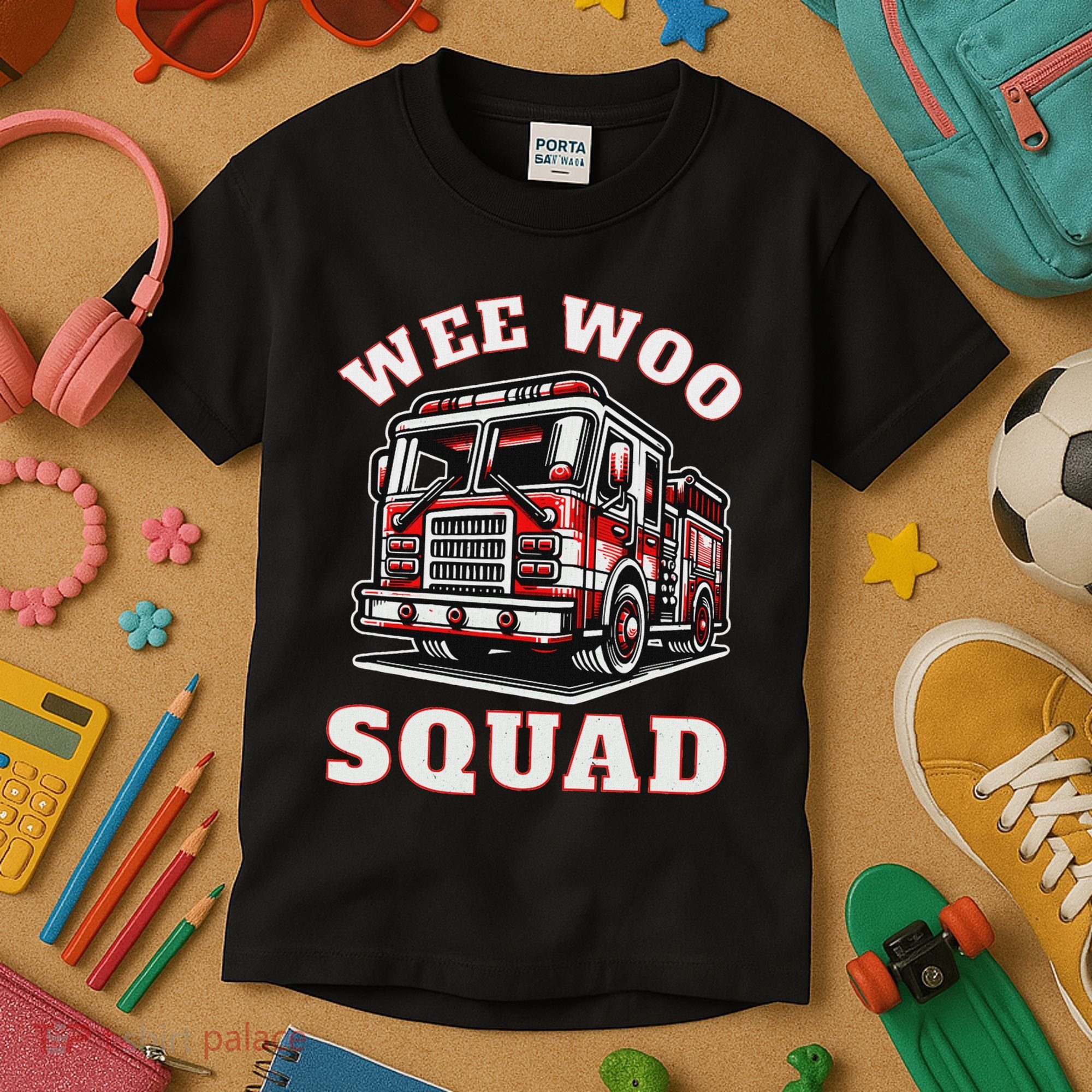 Wee Woo Squad Fire Truck Funny Firefighter Family Kids T-Shirt