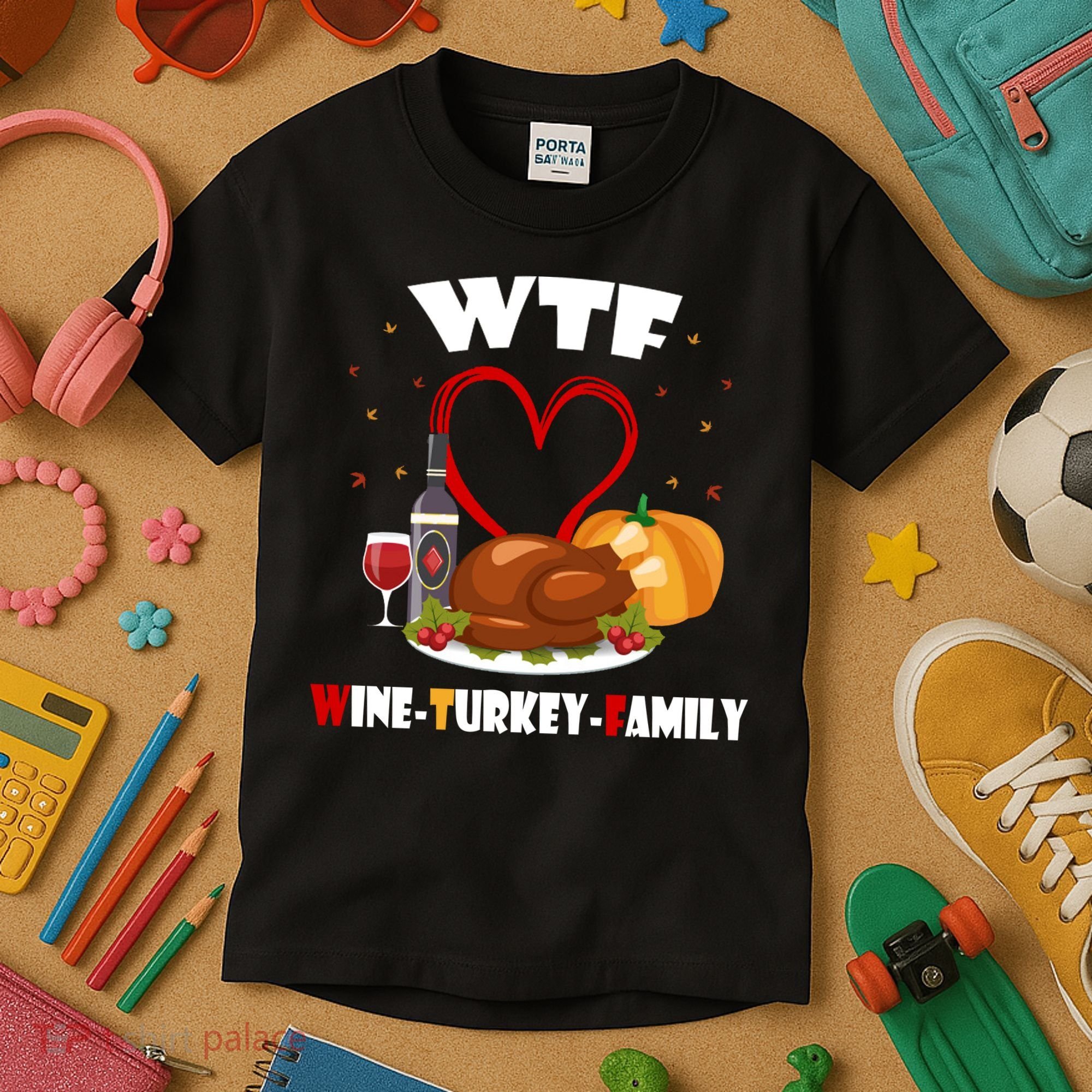 WTF Wine Turkey Family Thanksgiving Kids T-Shirt