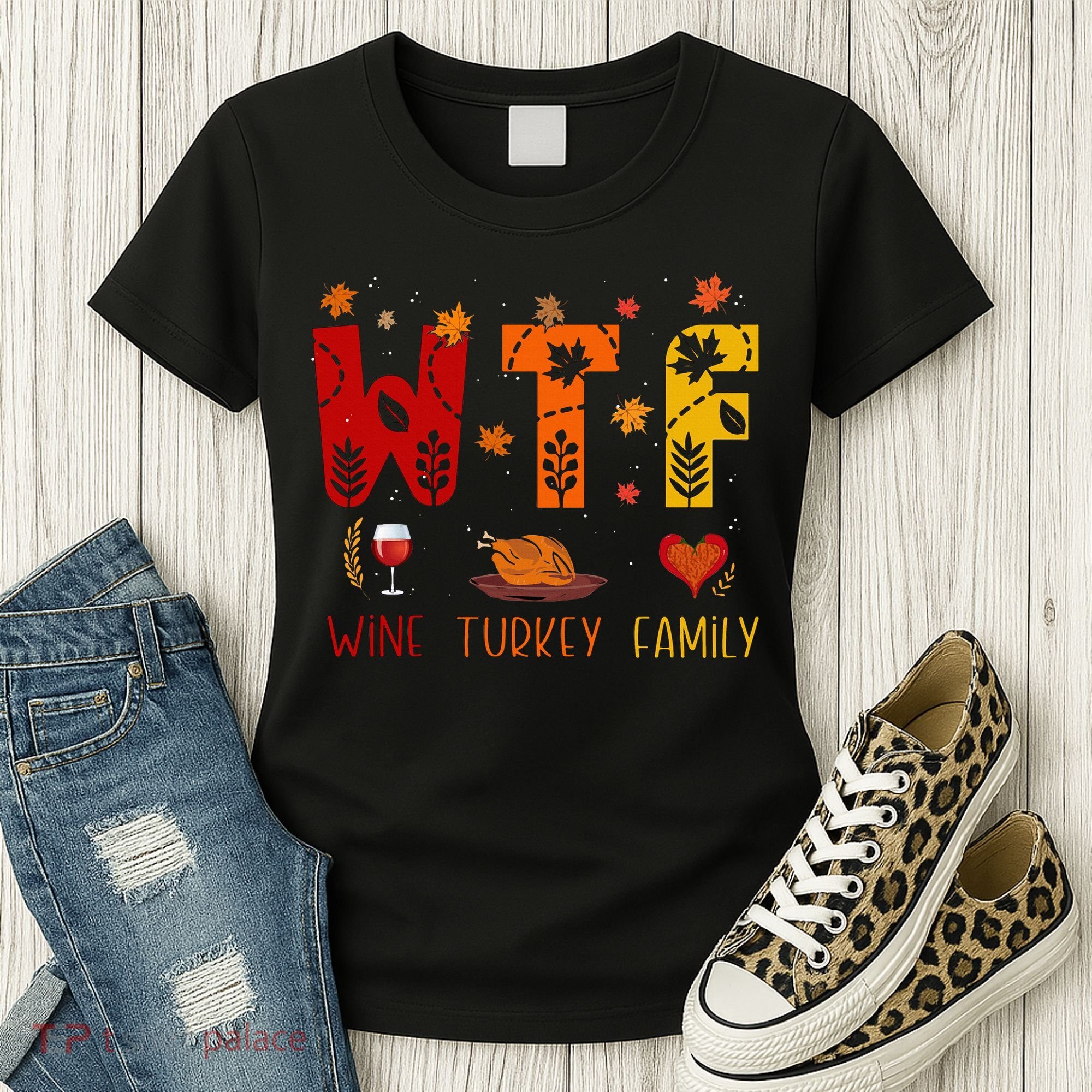 WTF Wine Turkey Family Funny Thanksgiving Women's T-Shirt