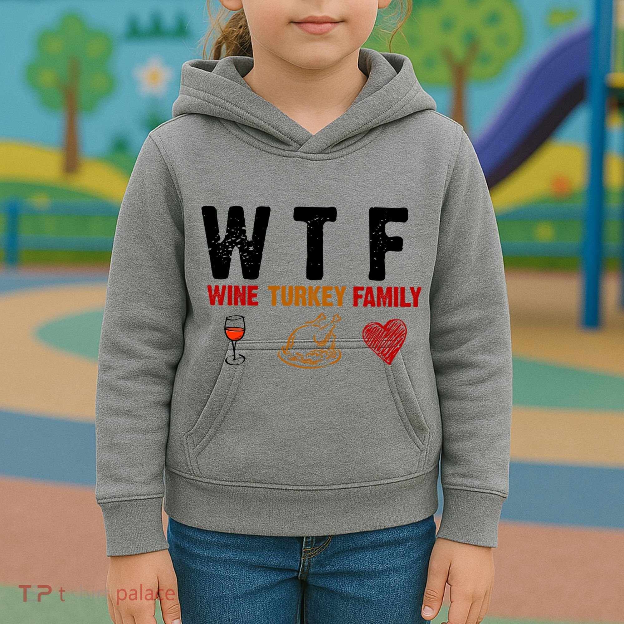 WTF Wine Turkey Family Thanksgiving Dinner Kids Hoodie