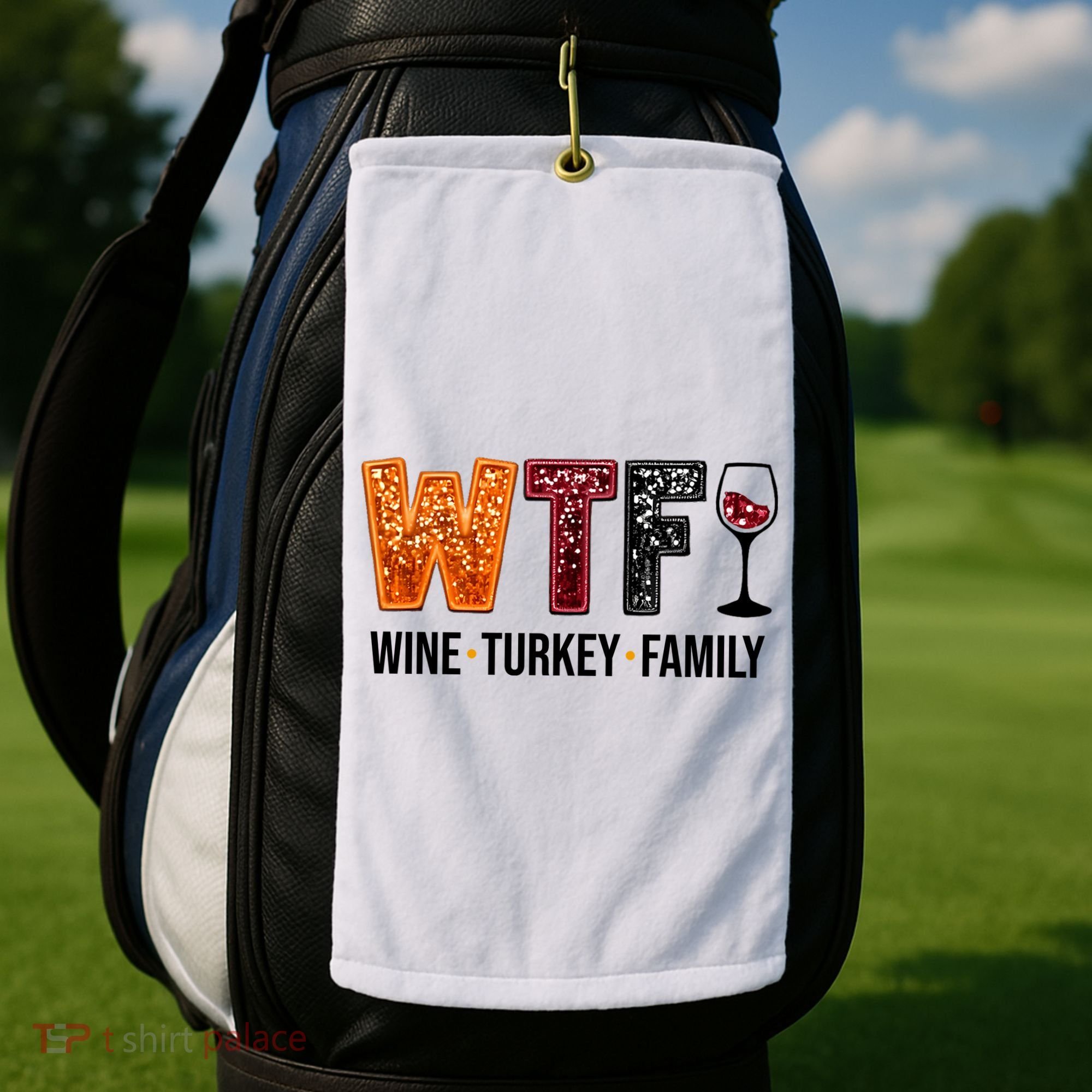 Wtf Wine Turkey Family Funny Thanksgiving Golf Towel