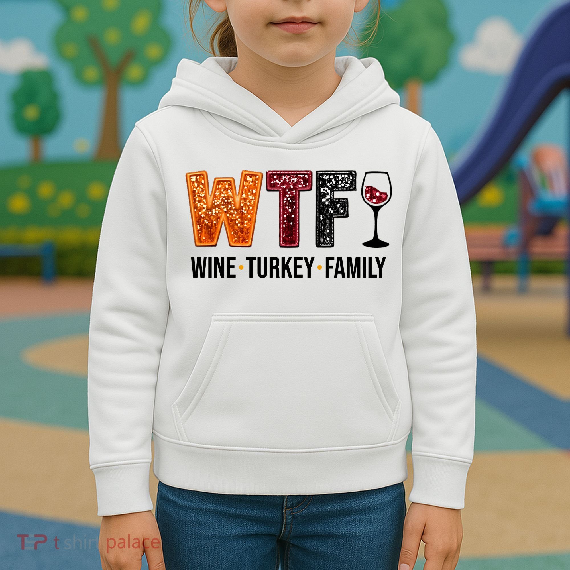 Wtf Wine Turkey Family Funny Thanksgiving Kids Hoodie
