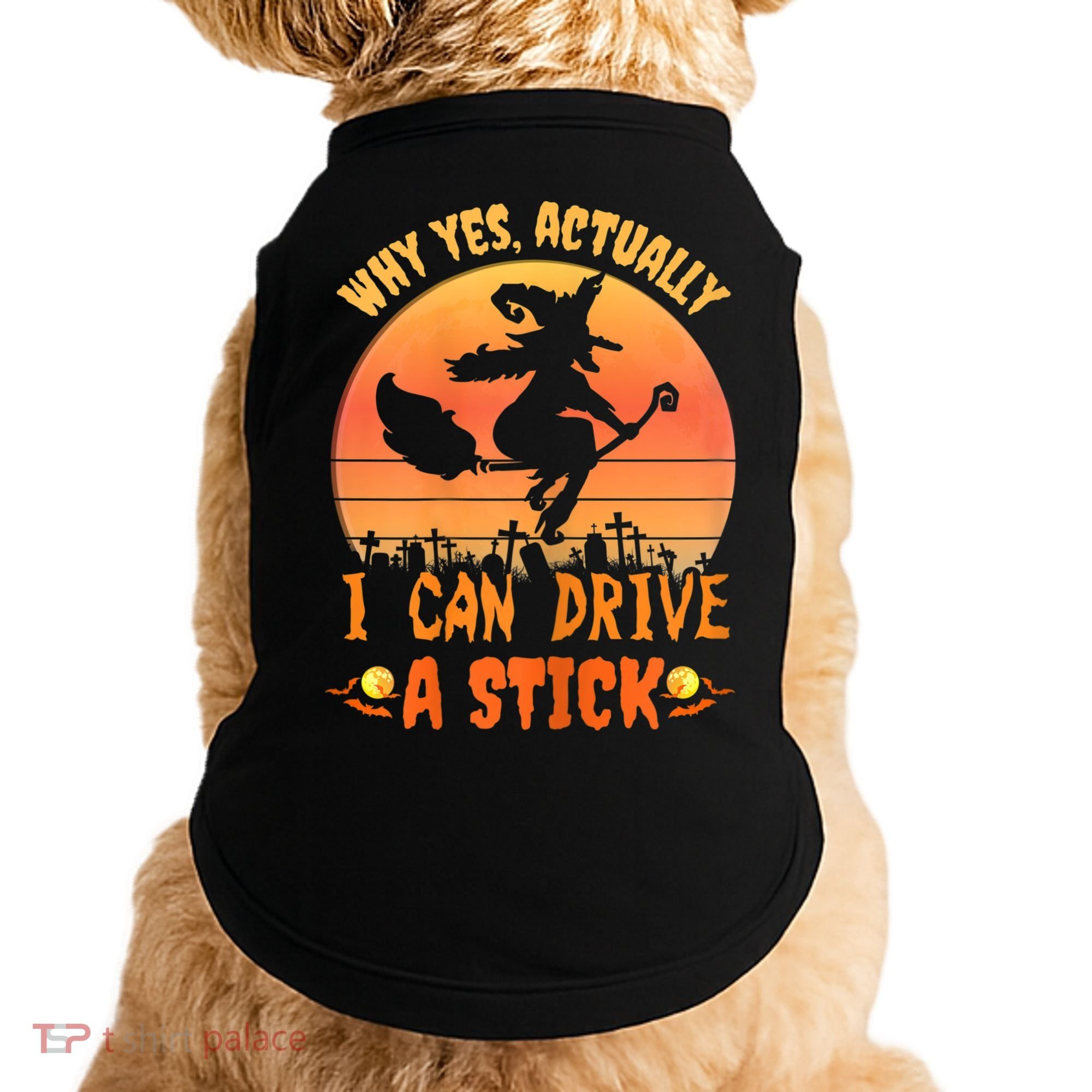 Womens Why Yes Actually I Can Drive A Stick Halloween Witch Spooky Doggie Tank
