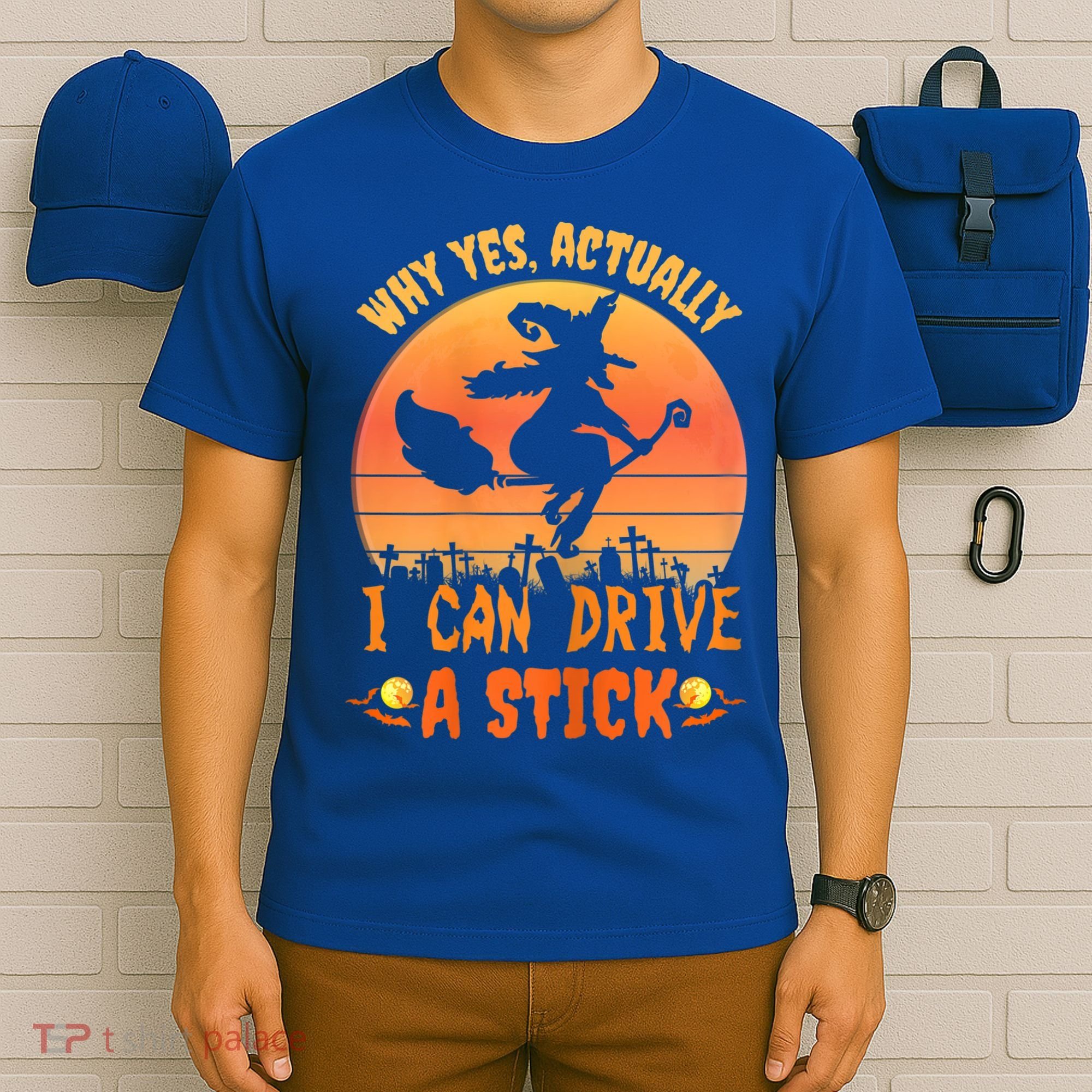 Womens Why Yes Actually I Can Drive A Stick Halloween Witch Spooky T-Shirt