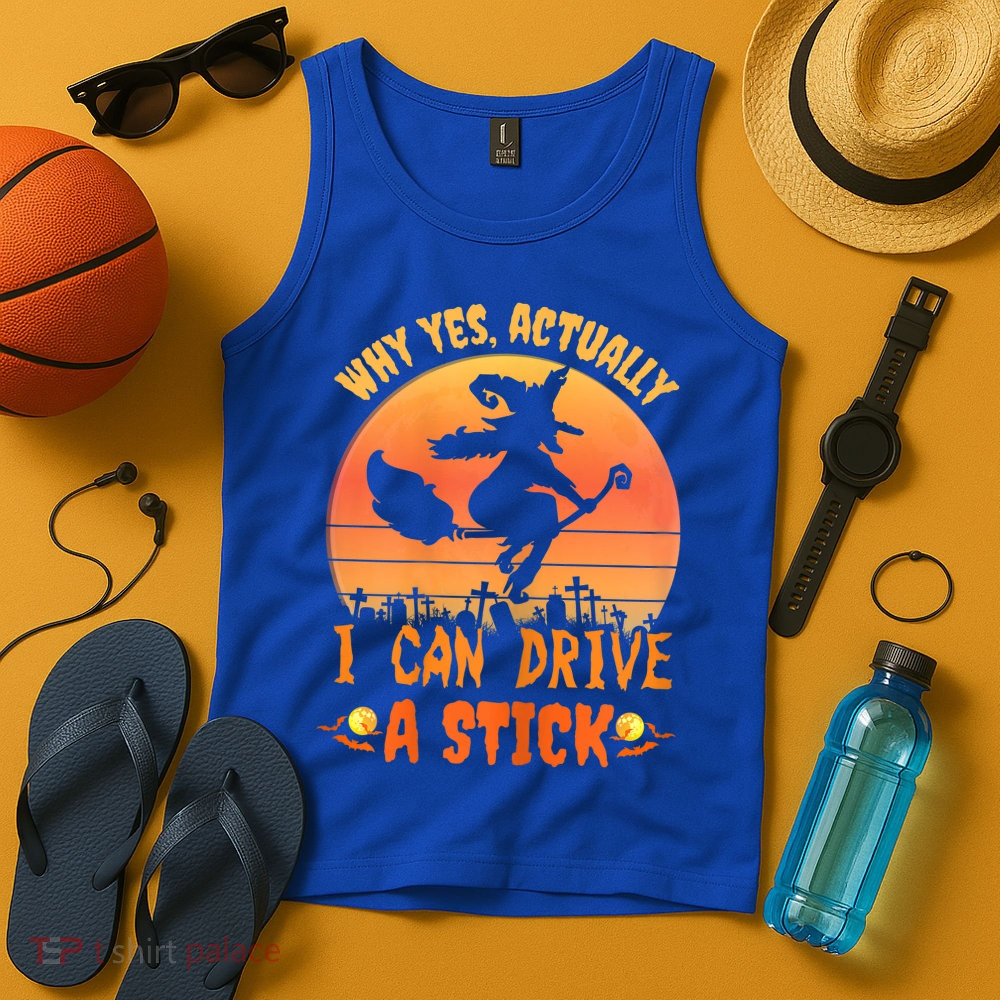 Womens Why Yes Actually I Can Drive A Stick Halloween Witch Spooky Tank Top