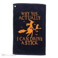 Why Yes Actually I Can Drive A Stick Halloween Witch & Cat Golf Towel thumb 0