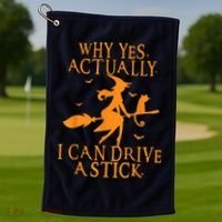 Why Yes Actually I Can Drive A Stick Halloween Witch & Cat Golf Towel thumb 1
