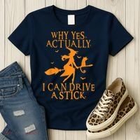Why Yes Actually I Can Drive A Stick Halloween Witch & Cat Women's T-Shirt thumb 3