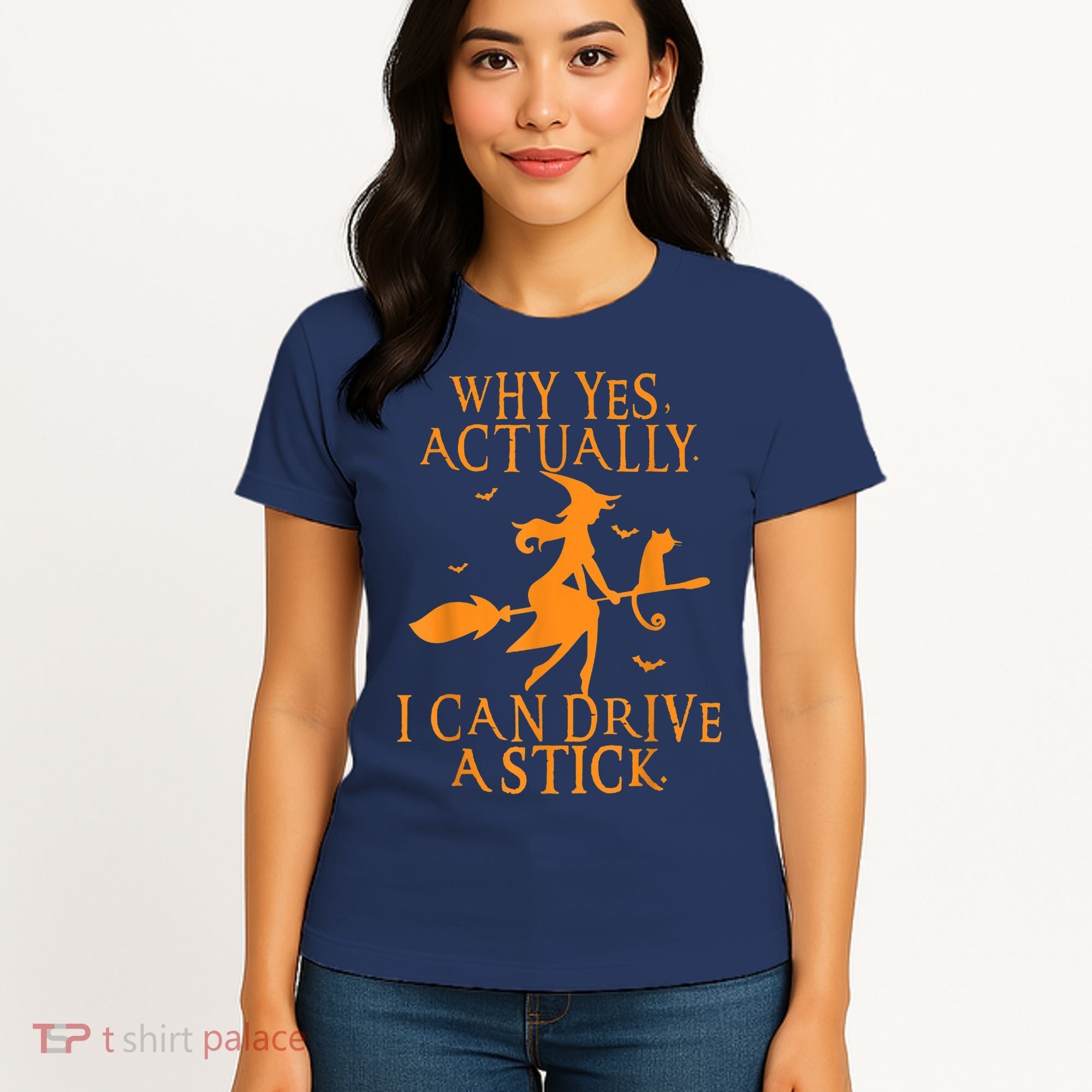 Why Yes Actually I Can Drive A Stick Halloween Witch & Cat Women's T-Shirt