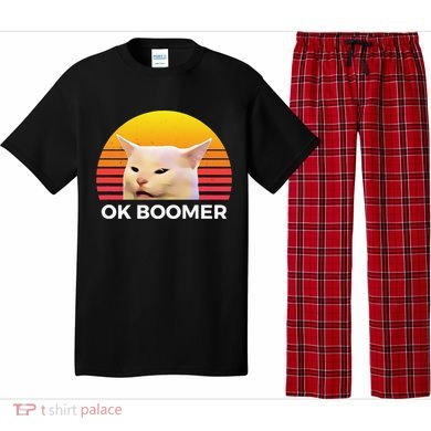 Woman Yelling At Table Dinner Funny Cat Ok Boomer Pajama Set