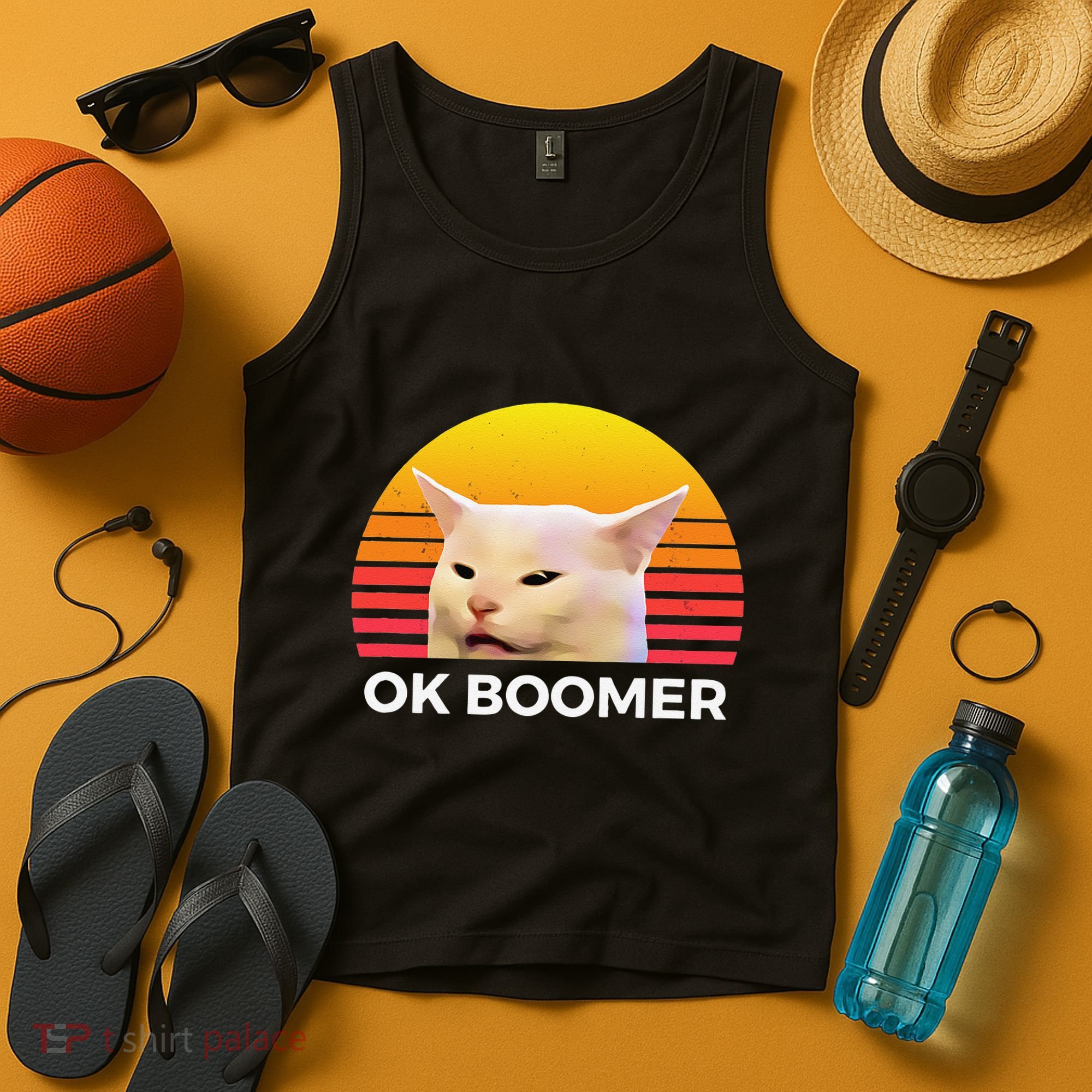 Woman Yelling At Table Dinner Funny Cat Ok Boomer Tank Top