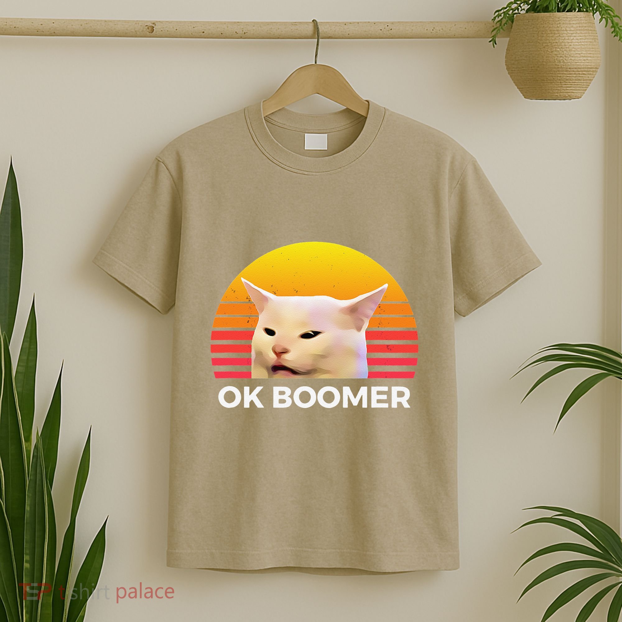 Woman Yelling At Table Dinner Funny Cat Ok Boomer T-Shirt