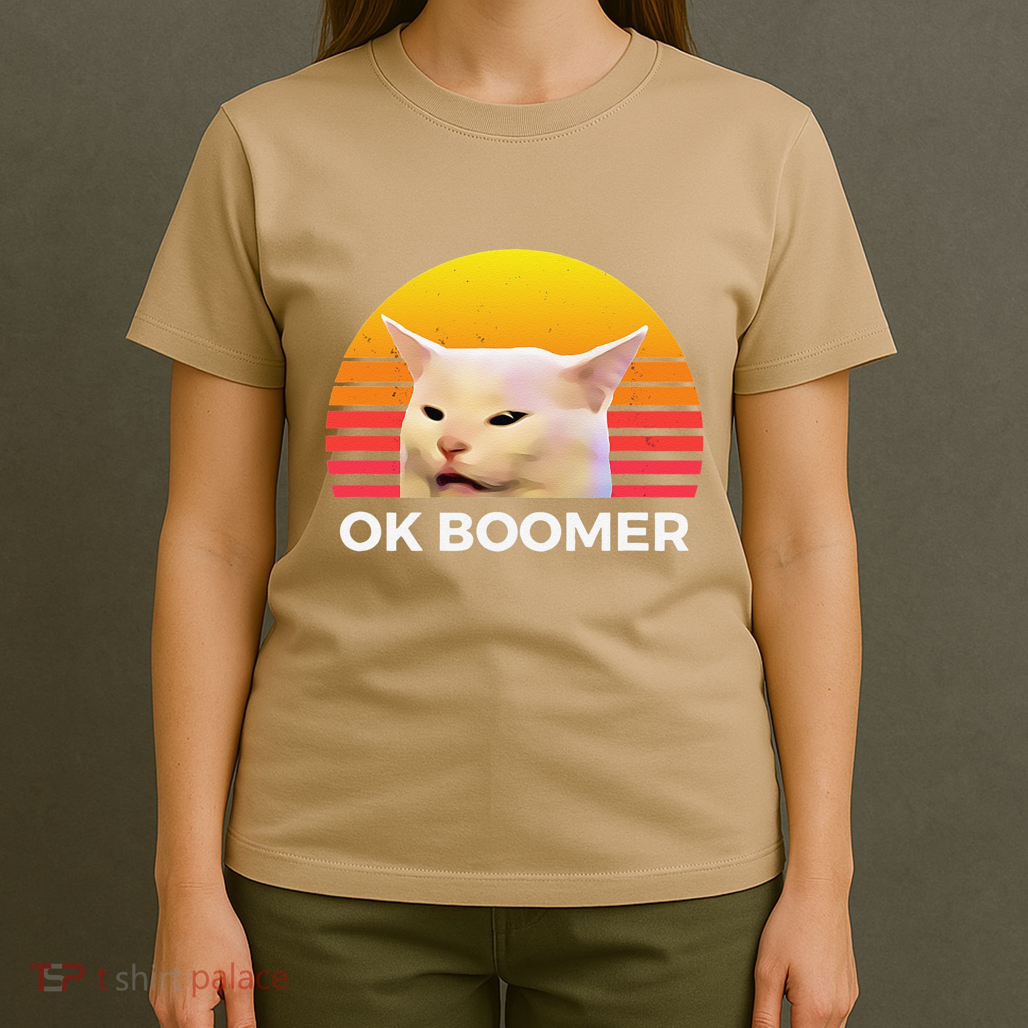 Woman Yelling At Table Dinner Funny Cat Ok Boomer T-Shirt