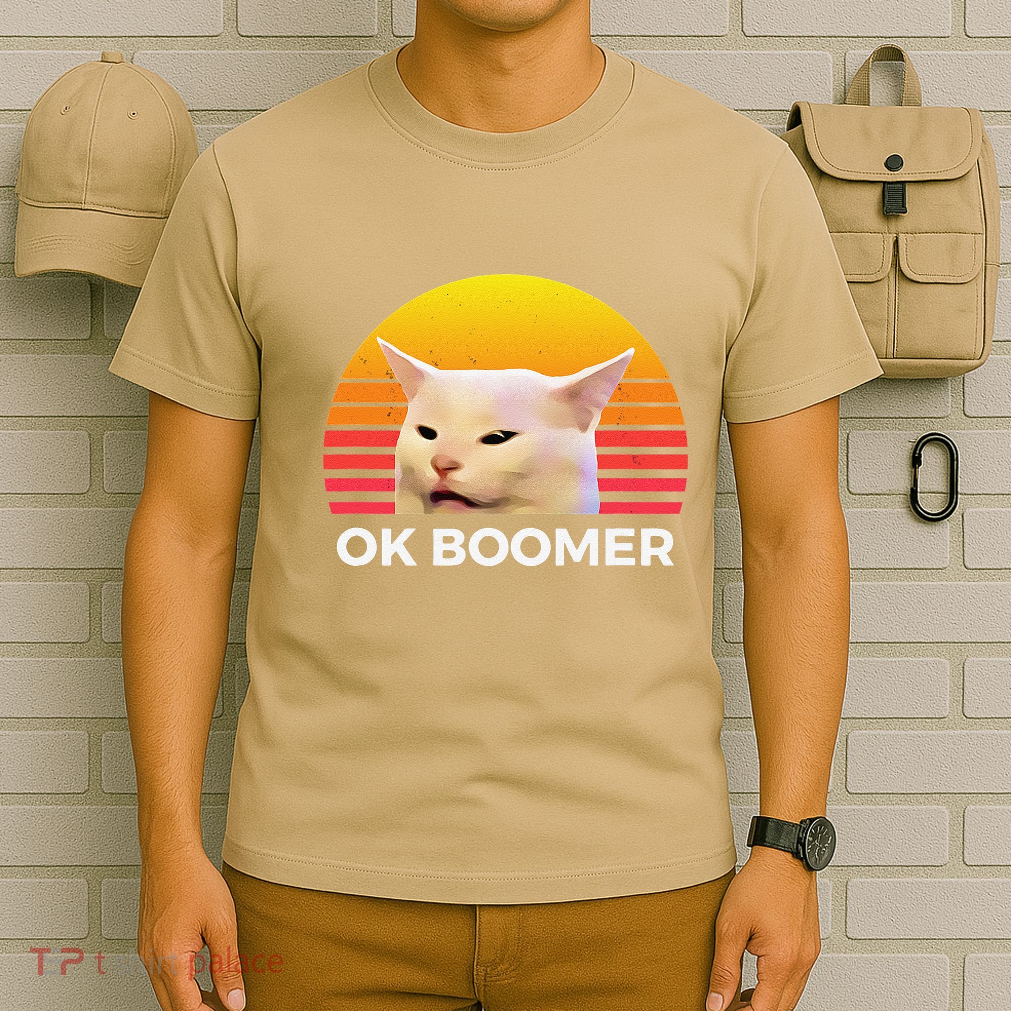 Woman Yelling At Table Dinner Funny Cat Ok Boomer T-Shirt