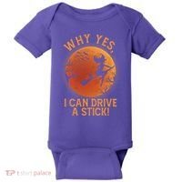 Why Yes I Can Drive A Stick Funny Halloween Witch Baby Bodysuit thumb 0